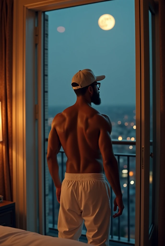 A young, muscular, mixed-race gas station attendant looking at himself in the bathroom mirror wearing white underwear and a red cap on his head. Being watched by a man sitting on the bench.
