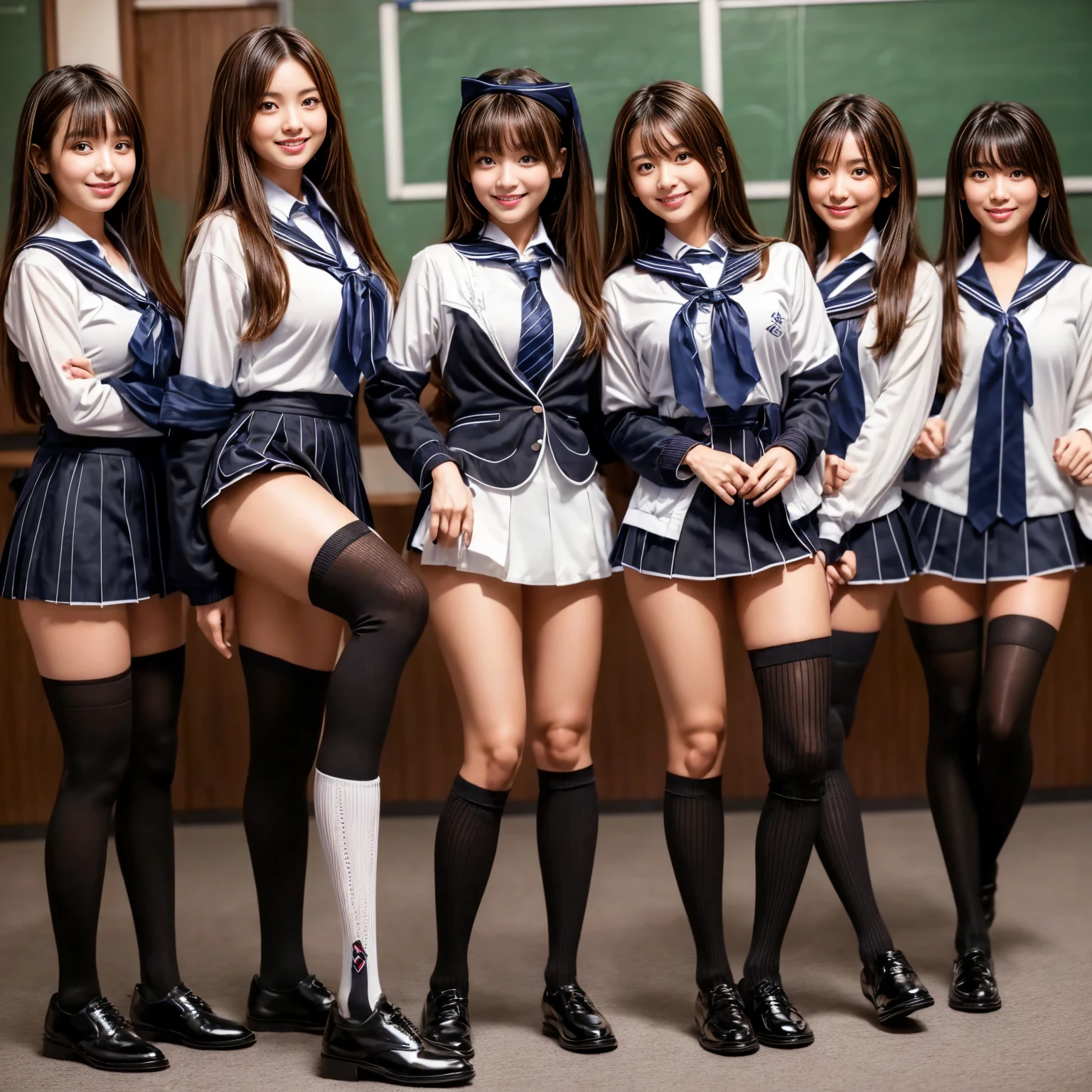 three women in school uniforms stand in a hallway, ecchi anime style, ecchi, anime girls, oppai, ecchi style, oppai proportions, large thighs, thighs!!!, kantai collection style, (sfw) safe for work, big breasts!, anime maid ss military, high school girls, beautiful anime high school girl, anime maids riding early tanks