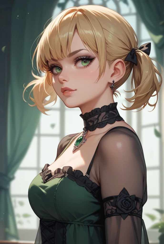 1girl, blonde hair, short hair, green eyes, large breasts, mouth open, hands behind back, indoors, bedroom, cleavage, pleated skirt, mini skirt, kneeling, on knees, (best quality,4k,8k,highres,masterpiece:1.2),ultra-detailed,portrait,high-quality,soft lighting,warm colors,detailed facial features,beautiful detailed eyes,beautiful detailed lips,extremely detailed eyes and face,long eyelashes