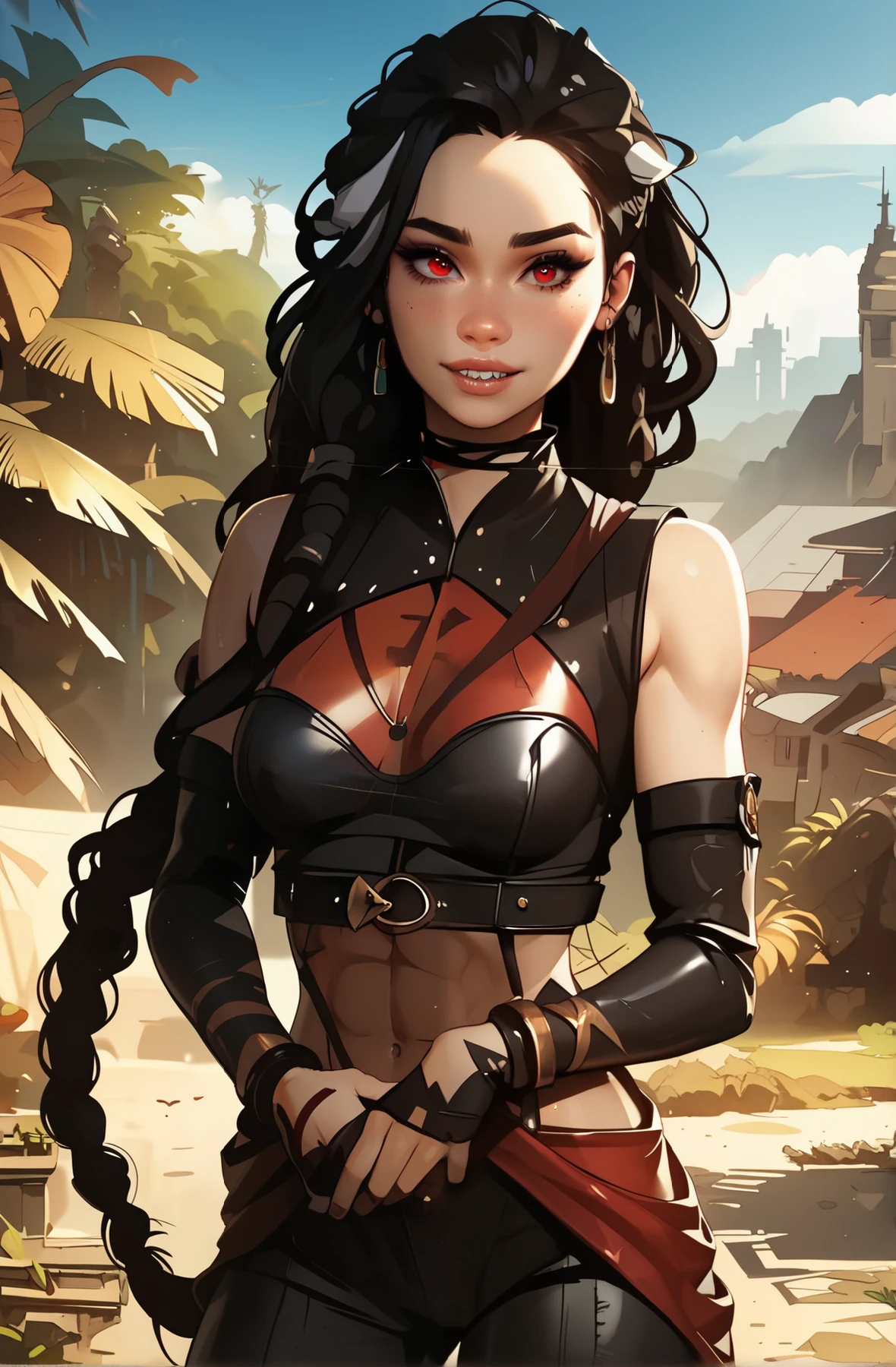 Otter girl, antromorph, masterpiece, HD , great quality, very aesthetic, absurd, high contrast , high color palette , light glare ,Latest ,2.5D,volumetric lighting, Sweet, jung, 1 girl, aztekisch, small breasts, red eyes,athletic body, aztekisch, white hair strands, looks at the viewer, Dreadlocks, shy, smiles, Anime shark teeth, background: jungles and Aztec ruins