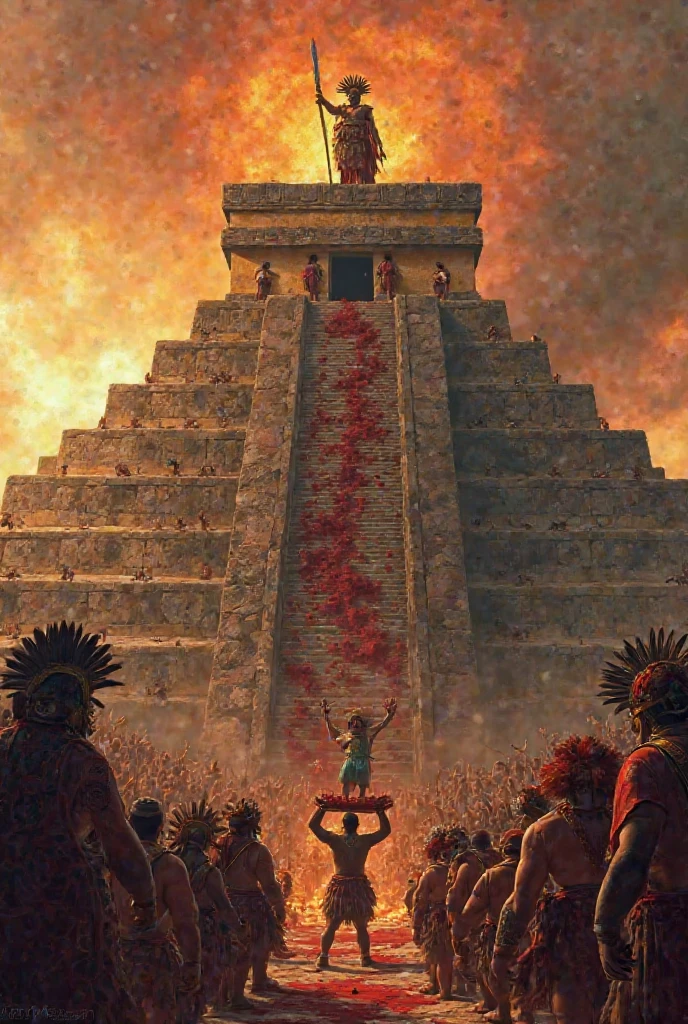 full scene, aerial view, dark lighting, Teotihuacan, 300 A.D., a furious mob of natives, invades the "Temple of the Feathered Serpent" and destroys it, torchs and blades, art by Barry Windsor- Smith