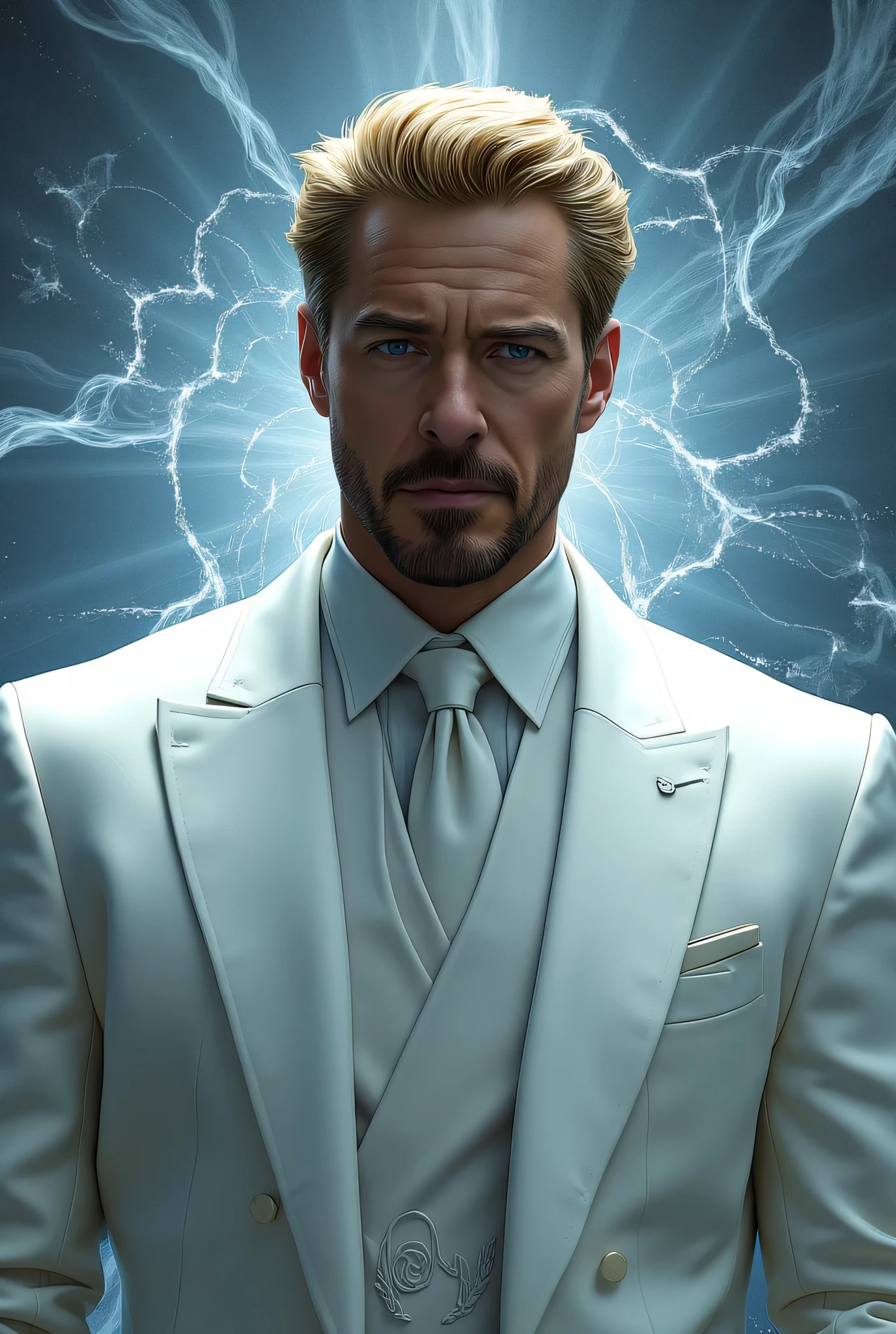 Gregory Stark, Tony Stark's twin brother from the Marvel Universe. A tall man with noble blacks faces, with a well-groomed beard and blond hair. He is wearing an elegant white suit with a long coat, with a white shirt and a formal tie, , which emphasizes his sophisticated. His look is confident and slightly arrogant, that conveys his intelligence and ambitions. The background is an abstract, cool tones , with a radiant, style that creates an atmosphere of power and mystery. High resolution, realistic detail, Marvel comic book style, cinematic lighting, Professional color correction.