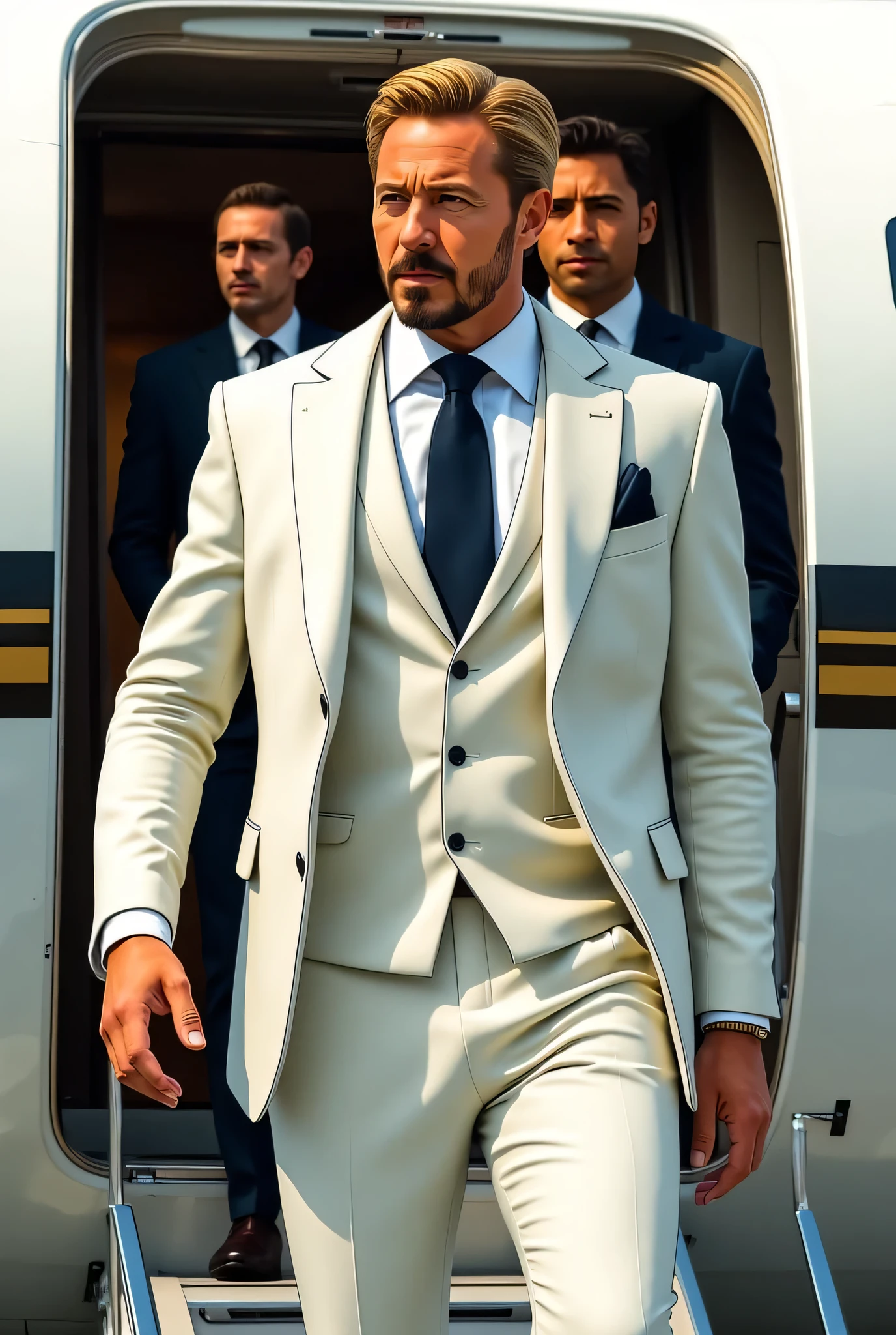 Gregory Stark, Tony Stark's twin brother from the Marvel Universe. Tall, A handsome man with noble features, with blond hair and a well-groomed beard. Dressed in an impeccably tailored white suit with an elegant tie and coat. He confidently descends the ramp of a private jet, , slightly holding his jacket, , his posture expresses confidence and power. cold look , insightful , with a touch of arrogance, emphasizing his intelligence and strategic thinking. Behind him is a stylish companion and luxury the interior of the plane. High resolution, detailed drawing, Marvel comic book style, cinematic lighting, , premium color correction.