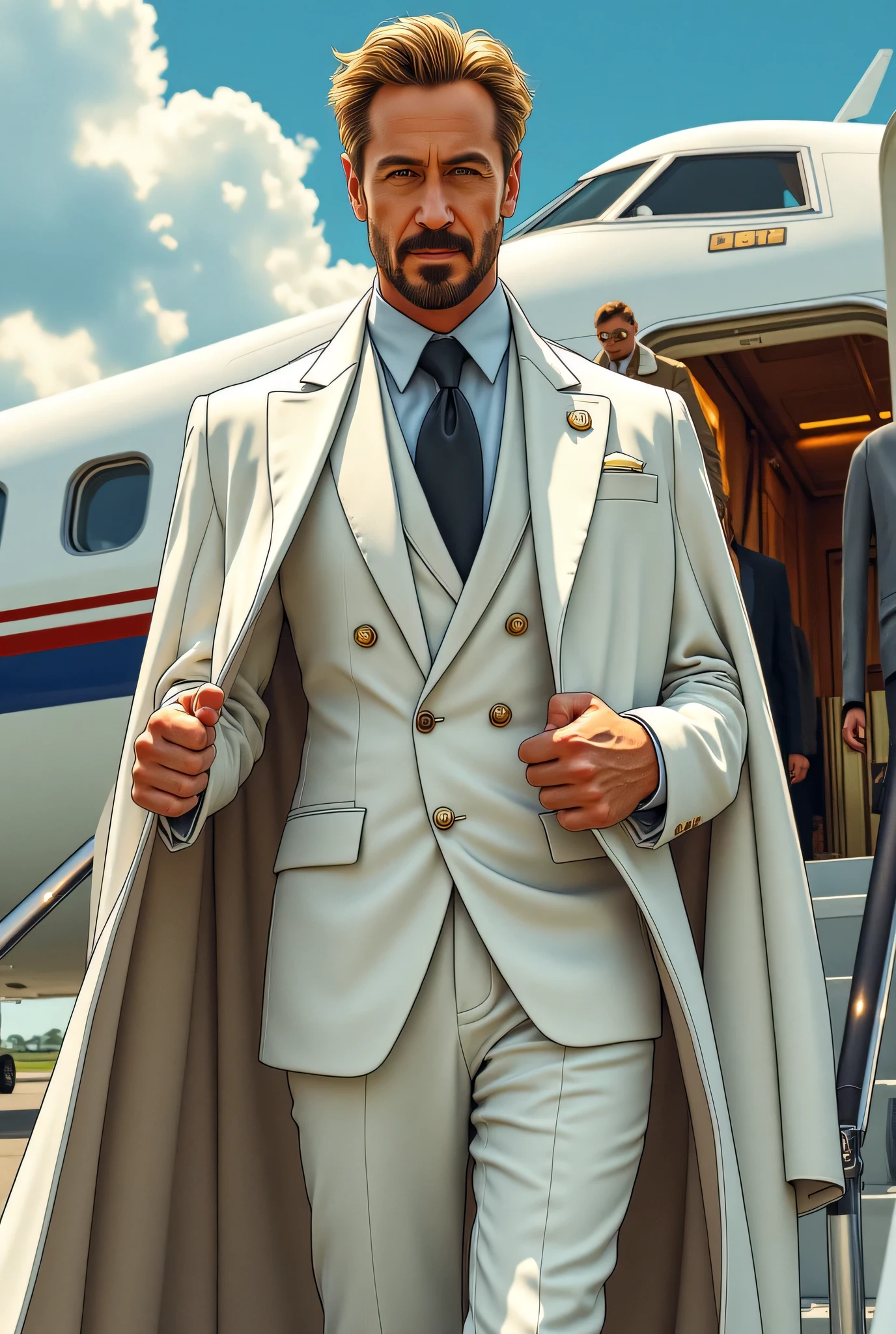 Gregory Stark, Tony Stark's twin brother from the Marvel Universe. Tall, A handsome man with noble features, with blond hair and a well-groomed beard. Dressed in an impeccably tailored white suit with an elegant tie and coat. He confidently descends the ramp of a private jet, , slightly holding his jacket, , his posture expresses confidence and power. cold look , insightful , with a touch of arrogance, emphasizing his intelligence and strategic thinking. Behind him is a stylish companion and luxury the interior of the plane. High resolution, detailed drawing, Marvel comic book style, cinematic lighting, , premium color correction.
