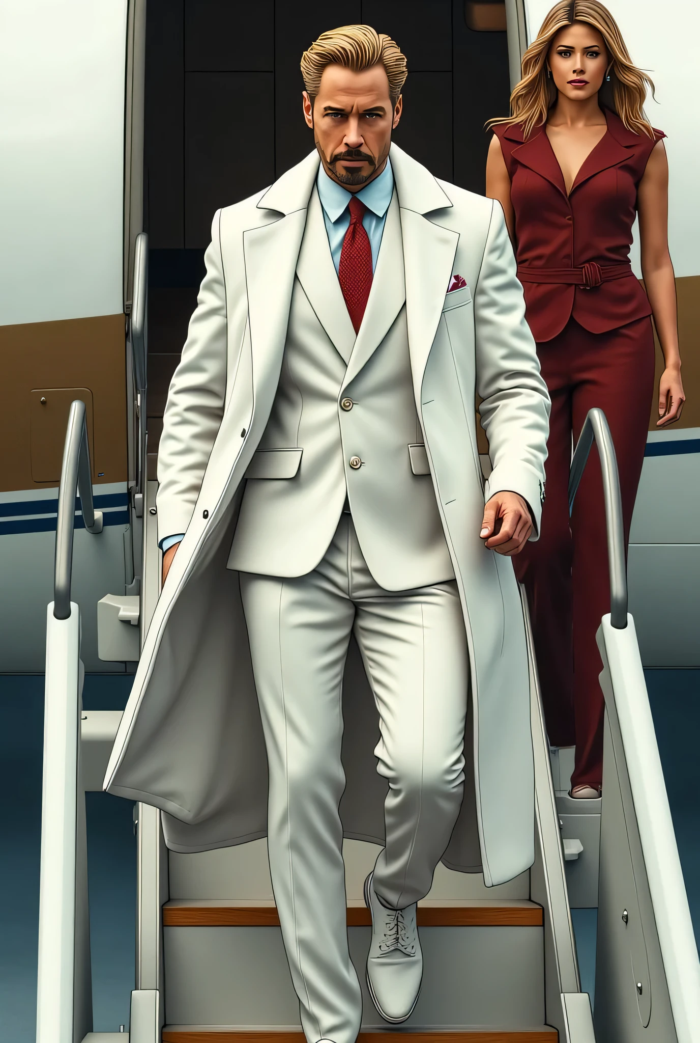 Gregory Stark, Tony Stark's twin brother from the Marvel Universe. Tall, A handsome man with noble features, with blond hair and a well-groomed beard. Dressed in an impeccably tailored white suit with an elegant tie and coat. He confidently descends the ramp of a private jet, , slightly holding his jacket, , his posture expresses confidence and power. cold look , insightful , with a touch of arrogance, emphasizing his intelligence and strategic thinking. Behind him is a stylish companion and luxury the interior of the plane. High resolution, detailed drawing, Marvel comic book style, cinematic lighting, , premium color correction.