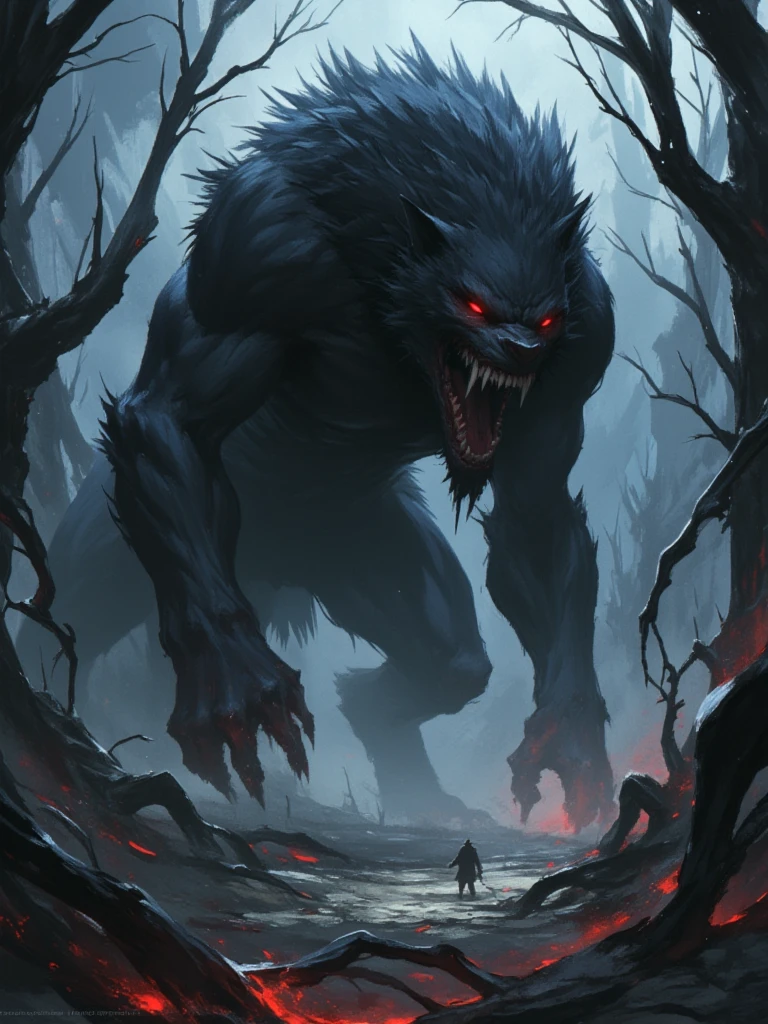 Visualize a scene in a dark medieval fantasy setting where a lycan werewolf with crimson eyes and an alien-like body is feasting in a dense bush. The bush is surrounded by bones scattered across the forest floor, remnants of previous meals.
The lycan werewolf's appearance is a blend of traditional werewolf features and alien characteristics: its fur is a mix of earthy tones and hints of otherworldly shimmer, its limbs elongated and sinewy like those of a predator from beyond the stars. Its eyes glow with an intense red hue, piercing through the shadows cast by ancient trees.
The forest itself is bathed in an eerie, moonlit glow, casting long, sinister shadows that dance around the creature as it devours its prey. The atmosphere is filled with a sense of primal savagery and ominous mystery, capturing the essence of a creature that exists at the intersection of medieval folklore and extraterrestrial menace.