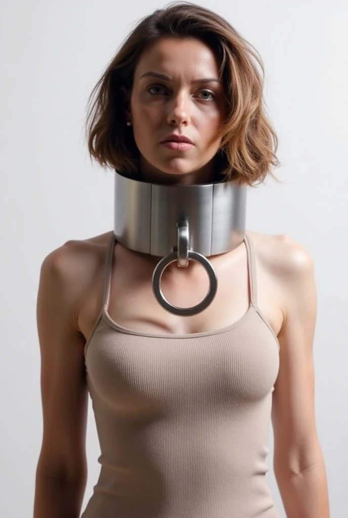 A woman trapped in an alien mechanism, bondage, straps, face, hips, tight straps, alien deformities, probe, frightened facial expression, alien experiments