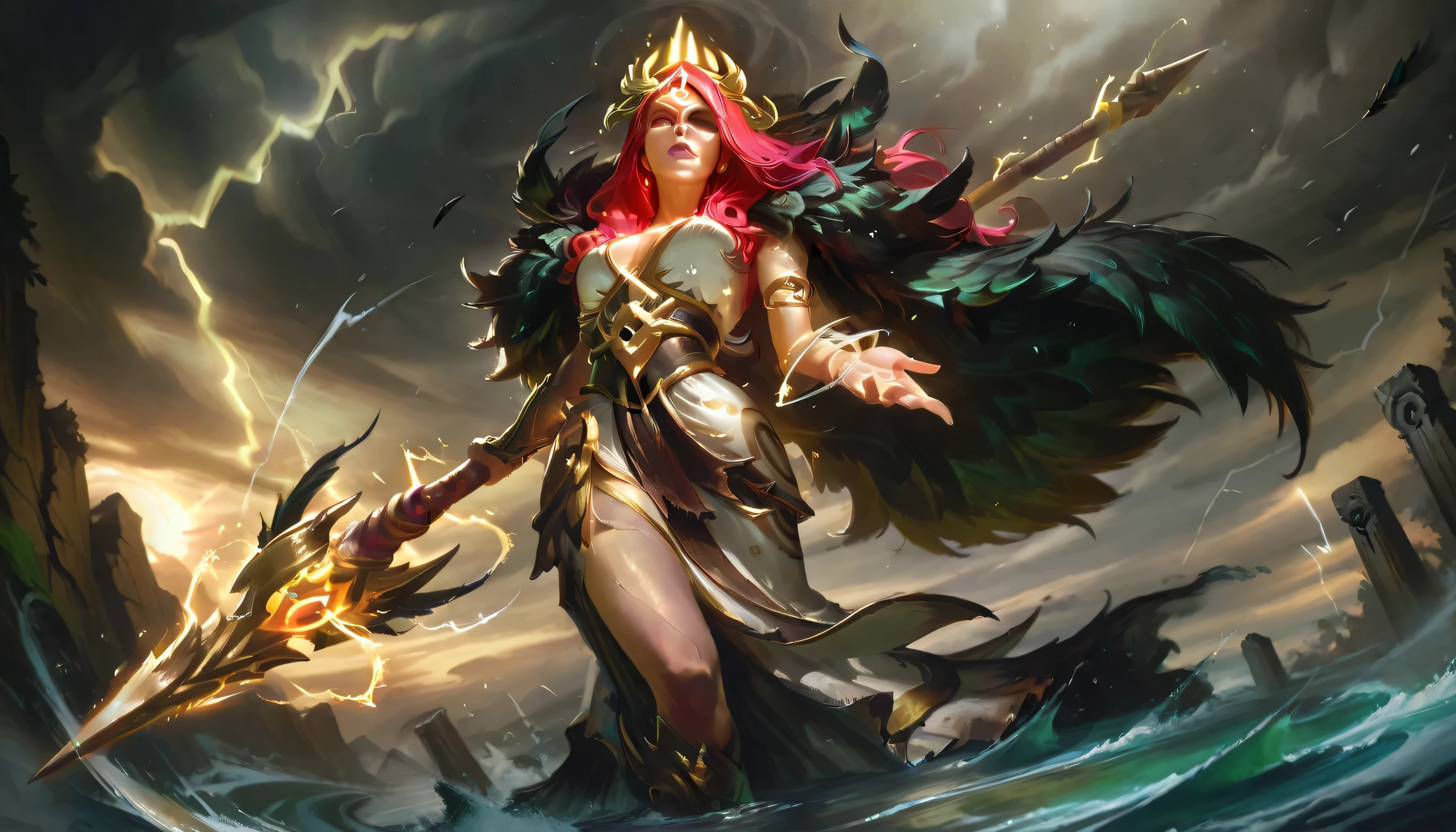 masterpiece, masterpiece, Best Quality, dynamic lighting, Game poster, 1 character, White-Haired Zeus, lightning, Golden Crown, white robe , One-eyed Odin, Crow Feathers, Gungnier Spear, cenote flood , Red-Haired Thor, Meurnier Warhammer, Fur Cloak , silver armor, Amaterasu in a golden kimono, Yatagagama, Radiant Aura, blonde Aphrodite, Shell crown, white dress, Rose, stormy battlefield, Cracked land, Spinning Cloud , Shining Runes , epic , Dramatic Pose.8k,quality,newest,dynamic_angle,cinematic_angle,close-up,face_focus,Full of details,Apocalyptic vision,clear and detailed facial features,Looking at the camera with disdain