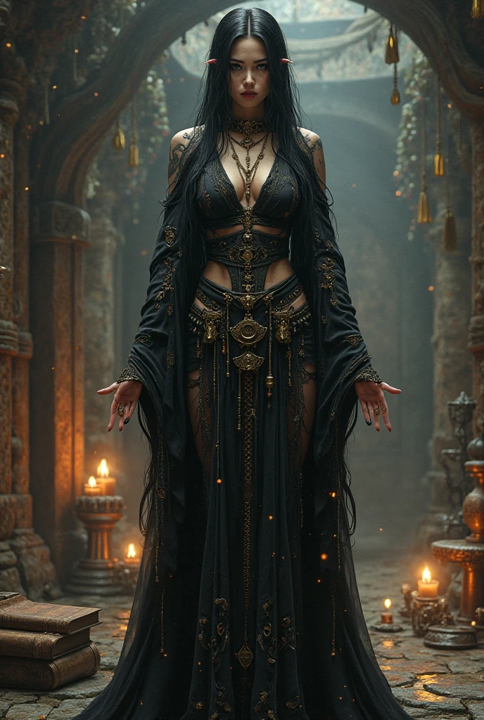 Viperess has an alluring yet sinister appearance. Her eyes are serpentine and piercing, her skin deathly pale. Her most striking feature is her long, jet-black nails and toenails that resemble deadly fangs, capable of injecting venom with a single scratch.Clothing: Viperess adorns herself in dark, flowing robes that accentuate her curvaceous figure. The robes are adorned with intricate snake-like patterns and jewels that glisten in the dim light of the underworld.full body fully clothed