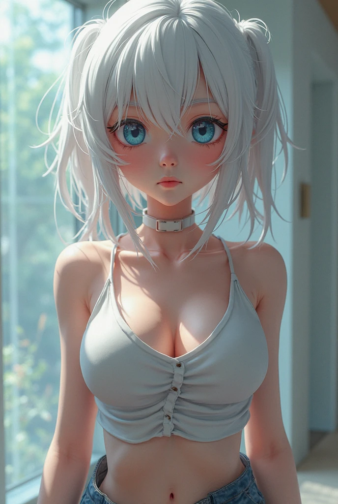(Anti-aliasing Ultra High, Intricate Detail, Art Station, Virtual Engine, DOF, Super Resolution, Megapixel, FKAA, TXAA, RTX, SSAO, Post-Processing, Post-Production, Tone Mapping, CGI, VFX, SFX, Crazy Details and Complexity, Ultra Realistic Ultra Detail, Super Detail, Realistic, Ultra Realistic, Unreal Engine, 8K, Masterpiece, Best Quality, Cinematic Lighting, Ray Tracing, Very Detailed CG, Anatomy, Facial Muscles, Octane Rendering, Moon, Jungle, Backlight, Depth of Field, Silver, Long Silver Hair, Slim, Perfect Collarbone, Belly Pollar, Mid-chest, Thin, Watery Eyes, Sharp Pupils, Realistic Pupils, Perfect Eyes, Blue Eyes, Shortness of Breath, Radiant Skin, Luxurious Cyberpunk, White Lace, Cable and Wire, Microchip, Heart-shaped Pose, Shiny Breasts, Sweating, Sexual arousal (high-detail skin: 1.8) (high-detail eyes: 1.8) (realism: 1.37) ( on breasts: 1.8) (action: behind both arms) (viewing angle: from the angle above)
