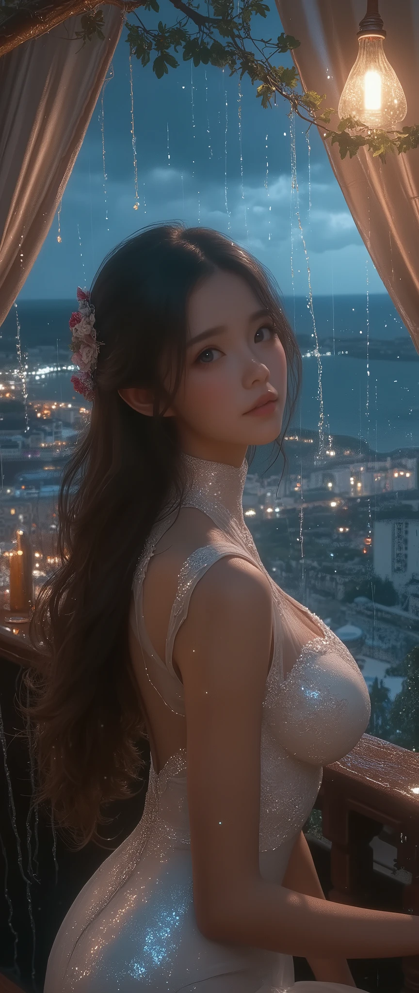   (close up Raindrops Dripping from the Roof:2.0), best quality , high image quality during sick leave, 16k,   unbelievably ridiculous ,  very well detailed, 2.5D,  delicate and dynamic,  cute sexy girl,  captivating smile on the top of the head, , back view of a beautiful busty Japanese girl in a sexy long dress gazing at raindrops (falling from the roof) of a  cafe of a luxury hotel on the Riviera coast, view from outside, glitter effect, silence, quiet,, diffuse reflection of light, gloomy rainy sky, Riviera coast, glitter effect
