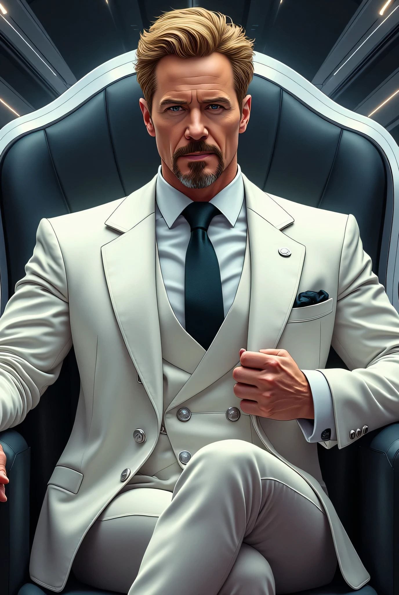 Gregory Stark, Tony Stark's twin brother from the Marvel Universe. Tall, A handsome man with noble features, with blond hair and a well-groomed beard. Dressed in an impeccably tailored white suit with an elegant tie and coat. he sits on the throne , , slightly holding his jacket, , his posture expresses confidence and power. cold look , insightful , with a touch of arrogance, emphasizing his intelligence and strategic thinking. Behind him is the luxurious interior of the spaceship. High resolution, detailed drawing, Marvel comic book style, cinematic lighting, , premium color correction.