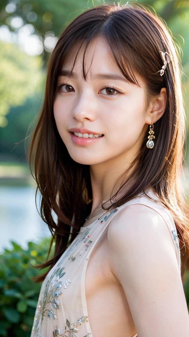 (a beautiful woman, age 28, windy morning at sunflower field, wearing elegant purple dress, White Daisy hair accessories, short disheveled hair, super definition face, fine eyes with double eyelids, dimpled kind smile, beautiful lips, fair skin, super cute and soft face, brown hair, soft toned body, ample round bosom, 8k resolution, super realistic, super definition, highest definition, masterpiece, bokeh_background, SFW, sunrays)