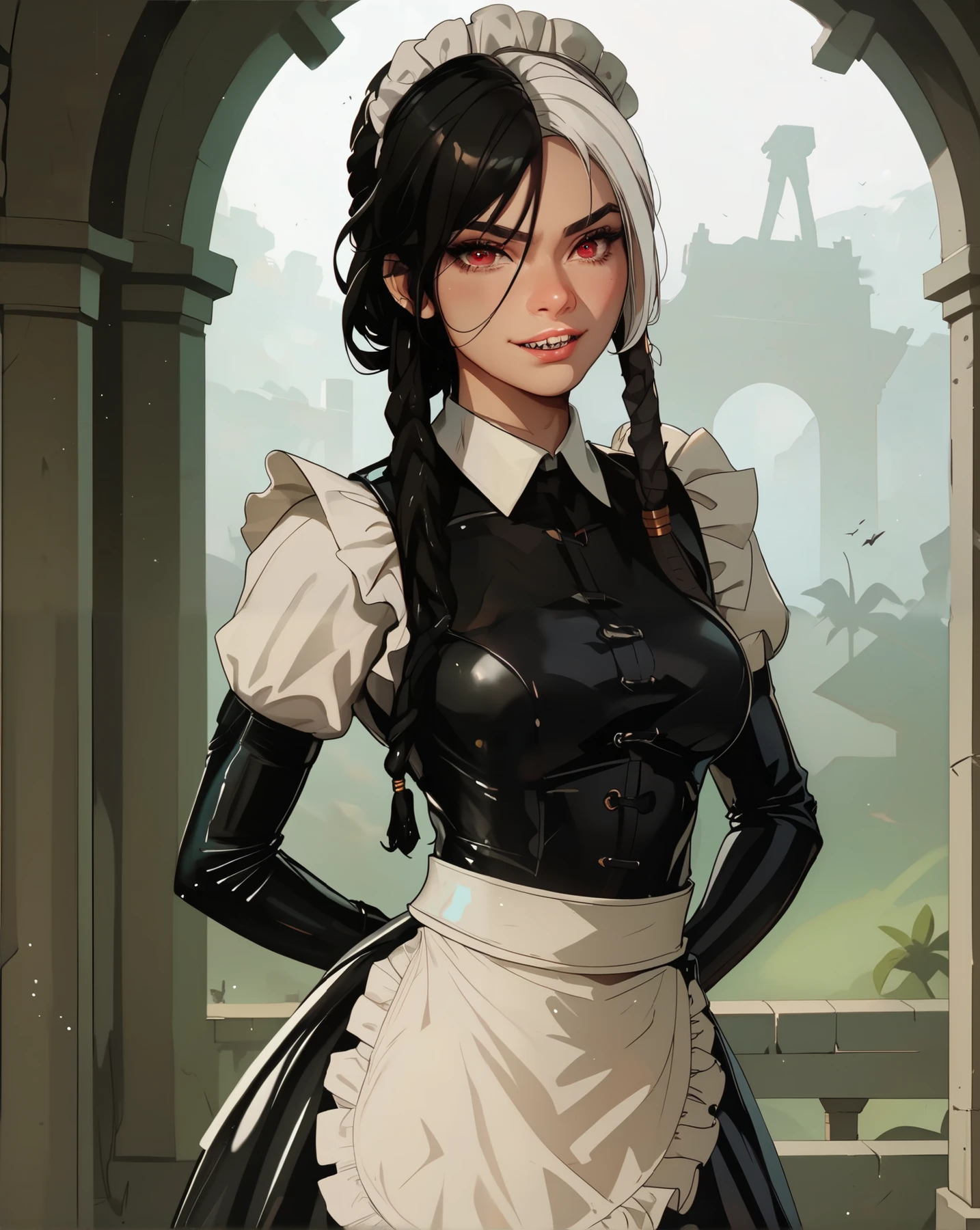 masterpiece, HD , great quality, very aesthetic, absurd, high contrast , high color palette , light glare ,Latest ,2.5D,volumetric lighting, Sweet, jung, 1 girl, aztekisch, small breasts, red eyes,athletic body, aztekisch, white hair strands, looks at the viewer, Dreadlocks, shy, smiles, Anime shark teeth, background: jungles and Aztec ruins
