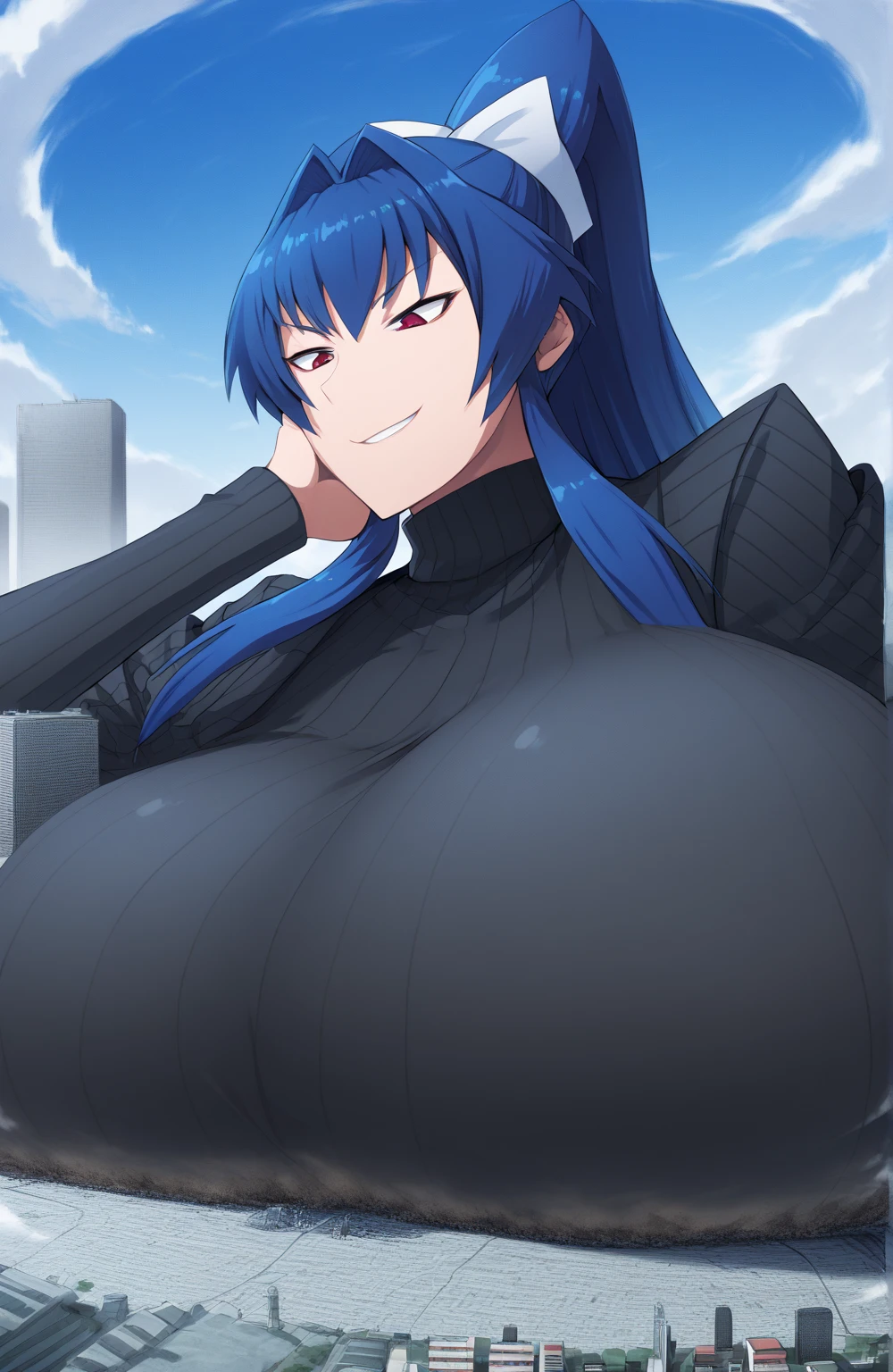 1girl,solo, saorijoumae, saori joumae, blue eyes, blue hair, halo, long hair, tall, , gigantic breasts,.3, gigantic:1.3, kunoichi clothing, Japanese shrine, night, ninja gear, sitting