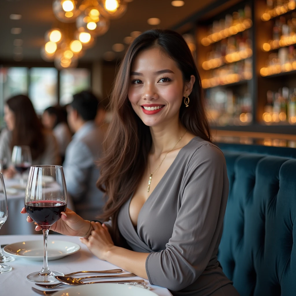 A redhead woman, 20 years old, in a restaurant, in town of Matera, sitting in a chair waiting for the waiter, with a ponytail hairstyle and wearing cleavage clothes. Secretary glasses, (best quality,4k,8k,highres,masterpiece:1.2),ultra-detailed,(realistic,photorealistic,photo-realistic:1.37), vivid colors, bokeh, portraits, vivid red hair, fair skin, bright blue eyes, beautiful detailed lips, elegant posture, stylish and modern restaurant interior, soft natural lighting, silver cutlery on the table, a glass of red wine, a menu card on the table, (people in the background:1.3) enjoying their meals, waiters in formal attire, the woman's table positioned near a window with a view of Matera cityscape, a hint of sunlight streaming through the window, creating a warm and inviting atmosphere. sassi_di_matera in blur background, blue cloudy sky