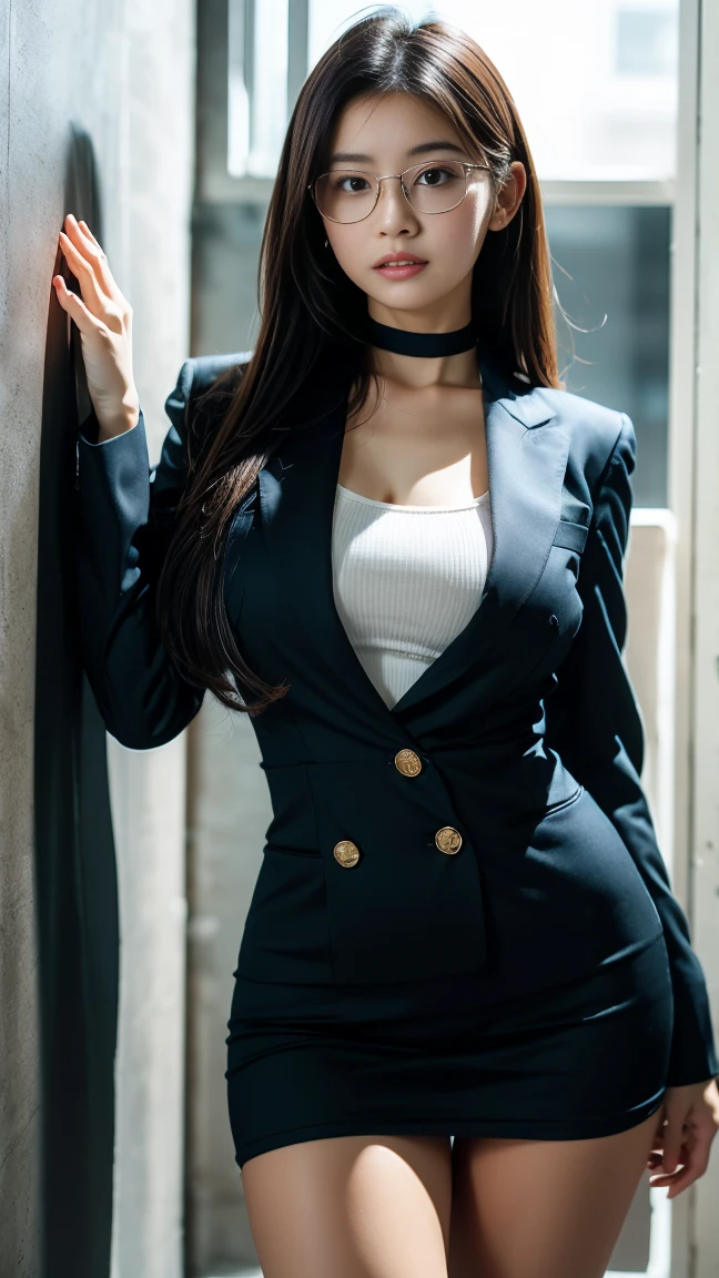 (1girl), (Slim body, thin waist), ((big hips)), (large breasts:1.25), (Best Quality, Masterpiece, Photo realistic, Ultra Detailed, ultra high res, raw), pretty, england Supermodel, smile, bangs , (suit jacket, skinny suit pants:1.3), (huge breasts, cleavage), show navel, naked, (long hair| medium hair| short hair), Alley, half body shot, ((Standing)), ((leaning against the brick wall)), (hands behind head), (Spread legs wide), (from below)