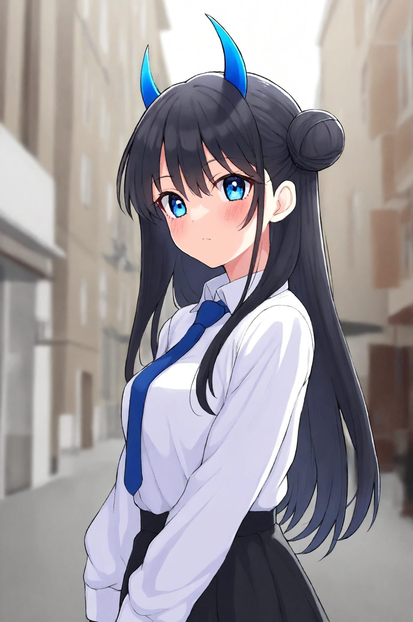 masterpiece, best quality, very aesthetic , latest, masterpiece, best quality,high quality, latest, highres, absurd, dogs_ maybe _illu, depth of field,anime girl with long black hair in two buns, has blue devil horns and blue eyes, white shirt, short black skirt, Blue tie