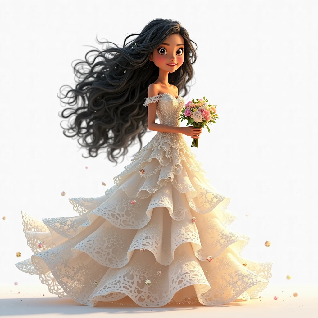 long black hair, Bangs covering the eyes, wedding dress, suggestive, big breasted, big butt, smiling, yellow eyes, straight hair