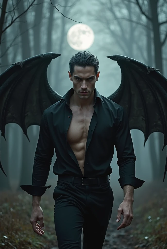 ((masterpiece)),((best quality)),8k, high detailed, ultra-detailed, Stylish Pose, real skin texture, cinematic lighting, 18-year-old male model, handsome, cute looking, evil look, evil eyelack sheep-alike horns) white pale skin, blue eyes, short brown messy hair, strong jawline, masculine, muscular, defined fit body, hairless chest, shirtless, pantless, walking towards the camera, sinister aesthetic, gothic architecture, burning ground, (black massive huge dragon wings:1.6), barelegged, barefoot, (black roman loincloth:1.5), (black destroyed male skirt:1.1),,, dim light, (dark evil atmosphere:1.5), cinematic lighting, backlight, Depth of field, award-winning photography, elegant, hyperrealistic, octane render, unreal, high definition, 8k resolution, highly detailed, 8k uhd, professional lighting, photon mapping, radiosity, physically-based rendering
