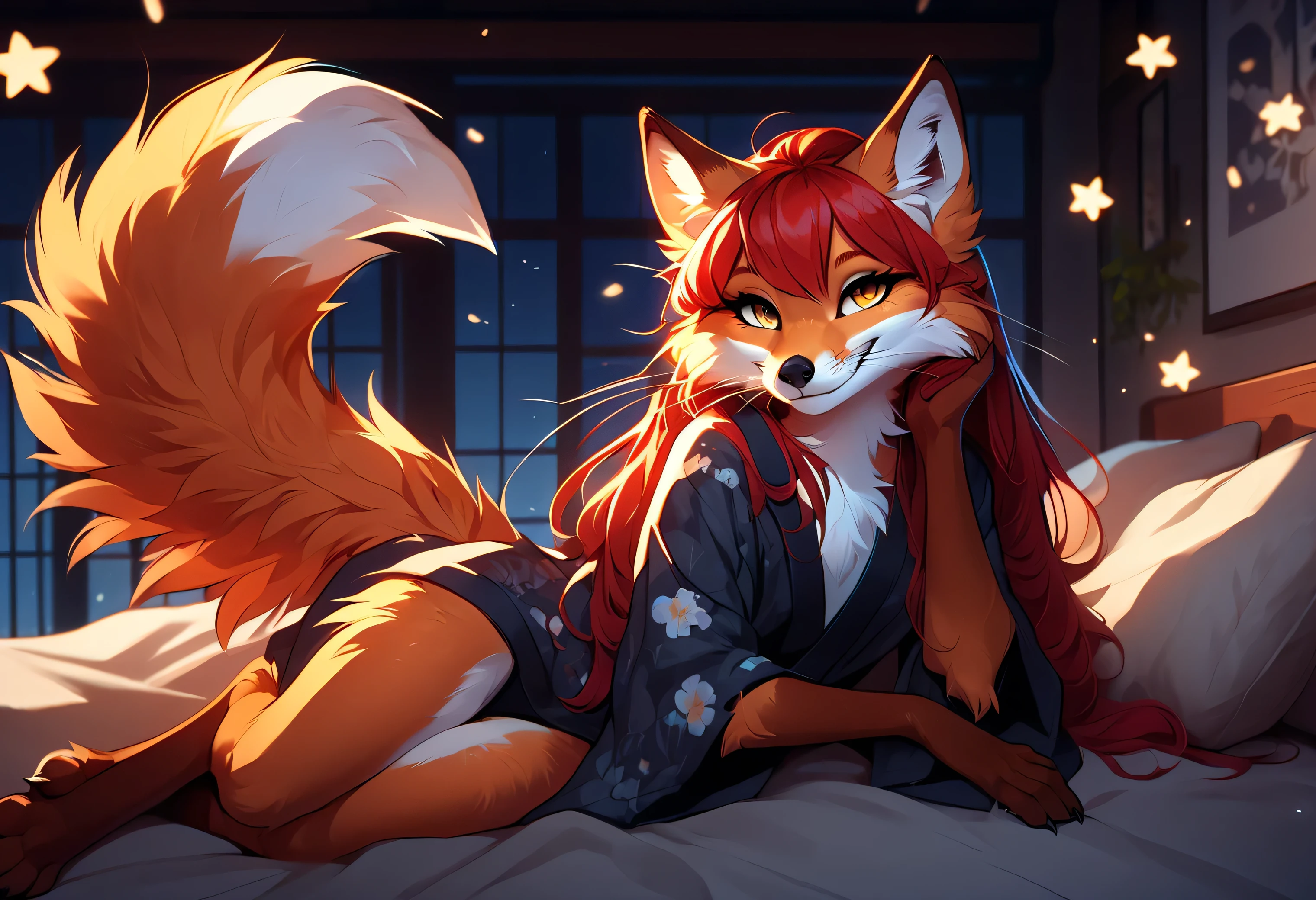 Solo、unpralleled masterpiece、Detailed、 Beautiful、 score_9、 score_8_up、 score_7_up、moody atmosphere、mysterious、fox、anthro、furry、female、orange fur、(long hair、beautiful hair、scarlet red hair、side swept hair、bangs)、yellow eyes、(tuft of fur)、(digitigrade、claws、fox paws、exposed feet)、(foxy whiskers)、(heavily shaded orange body、dark black shading on body)、(sassy pose、sassy hips、sassy、flirtatious)、fluffy tail、(light smile、soft smile)、wearing yukata、(lying on a comfy bed、pillow)、night、looking at viewer