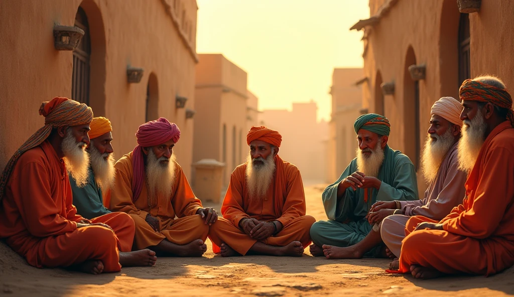 Village Elders Discussing Kishan's ( a young man ) Behavior: A group of elderly villagers, dressed in traditional Rajasthani turbans and dhotis, are seated in a circle on the ground, discussing Kishan’s temper. Their faces are serious and thoughtful as they exchange concerns about Kishan’s frequent outbursts. In the background, the village square is depicted, with children playing and women carrying pots of water on their heads, highlighting the contrast between the peaceful village life and the subject of their discussion.