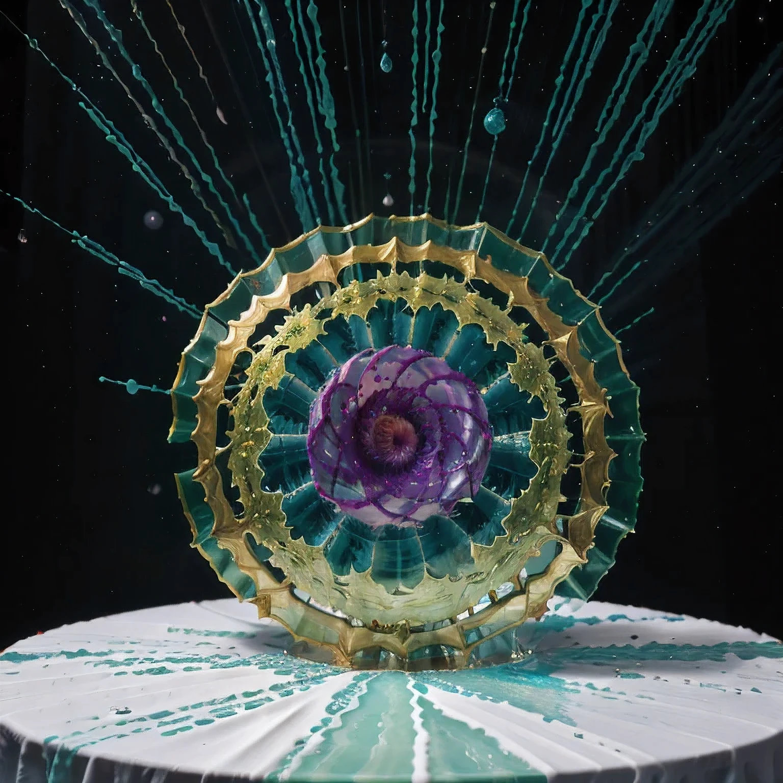 Seabed ice sheet background,detailed armor, ornate headdress, samurai helmet(((Dynamic rotating concentric circles)))(Dynamic rotation of concentric circles)Mandala is the result of the long journey of creating concentric circles of liquid color, there is a glass bowl with a green and purple swirl inside, simulacrum of a space fungus, alien flower, distant nebula are glowing algae, inspired by Otto Piene, inspired by Earnst Haeckel, top down extraterrestial view, covered with ferrofluid. dslr, translucent algae ornate, the eye of the universe, anatomical fractal,which interact through transparency, refraction, reflection, and collision. The ultimate goal is to showcase unique, detailed, and aesthetically pleasing images that capture the audience's attention through their initial visual impact and stunning details in liquid interactions,there is a cake with a red and yellow center on a blue plate, inspired by Otto Piene, victor antonov, culinary art photography, inspired by Graham Sutherland, colorful ferrofluid armor, inspired by Anish Kapoor, alexandra fomina, david kassan, by Jan Rustem, rudolf is hired, sergey krasovskiy, kai vermehr