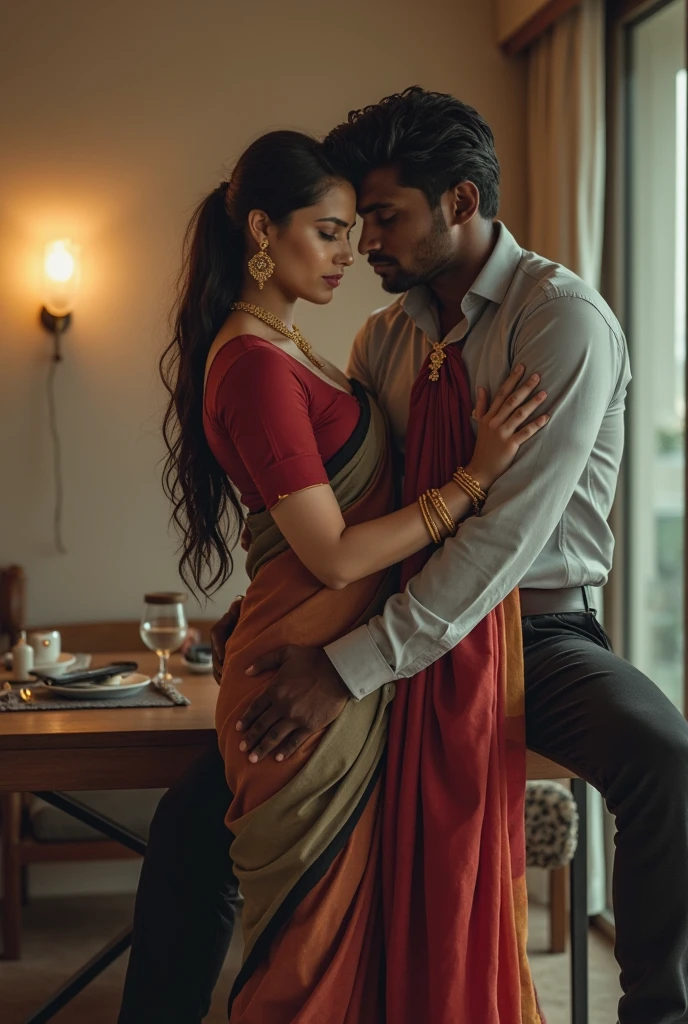(photorealistic:1.2), a beautiful Indian women wearing short skirt, tank top((big breasts)) show cleavage with (((shock face expression lean-forward bend))).behind her standing a Muslim man wearing kurta, pyjama and skullcap, ((holding her arms tightly, stopping her from leaving)) home interior background.