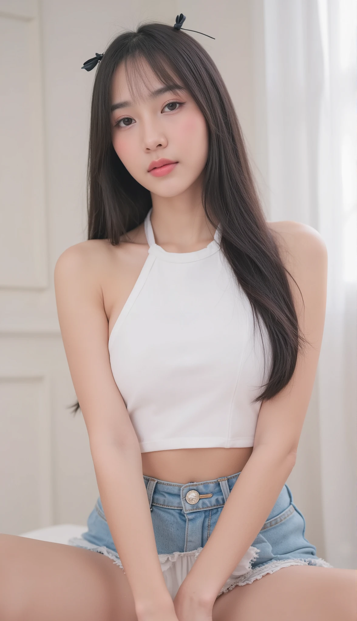 young asian woman, straight black long hair with bang, 2 small black ribbon bows on her head left and right, white halter, light blue jeans microskirt, legs spread wide, view from below