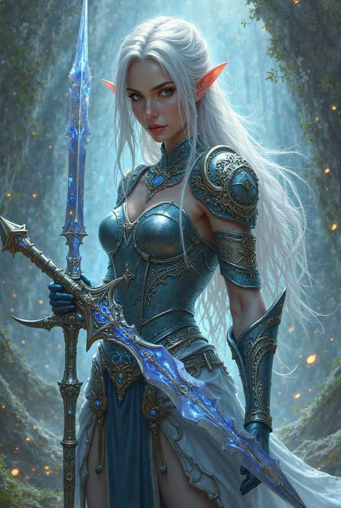 A mystical elf warrior with silver hair and a glowing sword, wearing ...