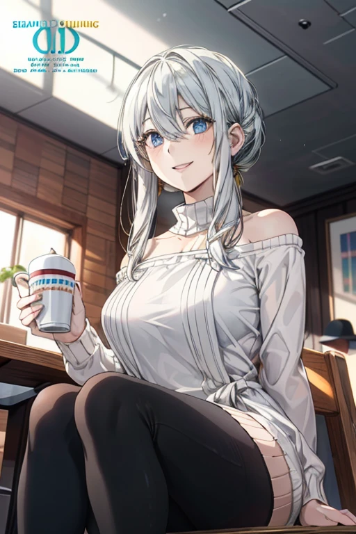 masterpiece , high resolution , best quality . Ultra-detailed , 16k , 8k cg壁紙 , trousers , look at the audience , Front view , from before , Medium and long lens, shooting department , 1 girl , alone:1.3 , white hair, pink eyes , long hair, (small breasts:1.15) , split , Sitting in chair wearing white tie shirt:1.2 , bare shoulder, Denim short shorts , hot short film, tattoo , tattoo on body , navel , abdomen , Smile , Full face blush , Cafe background , wooden house , bar