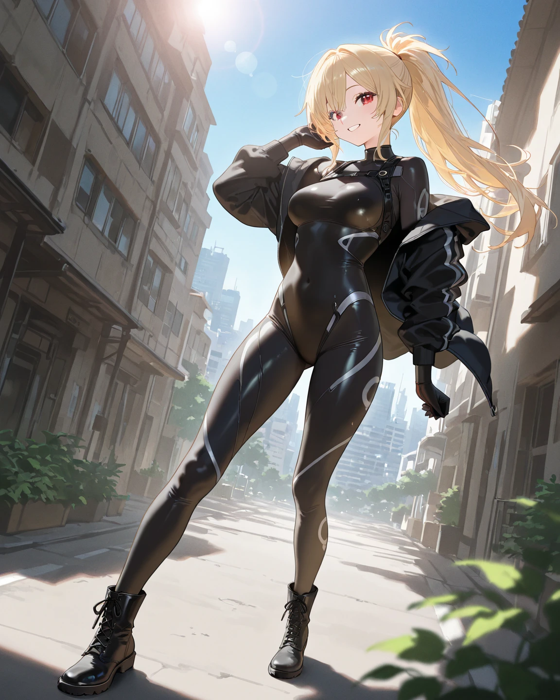 masterpiece, best quality, agrias, black leotard, looking at viewer, blonde hair, superhero, bare legs, eight-man costume, boots, standing