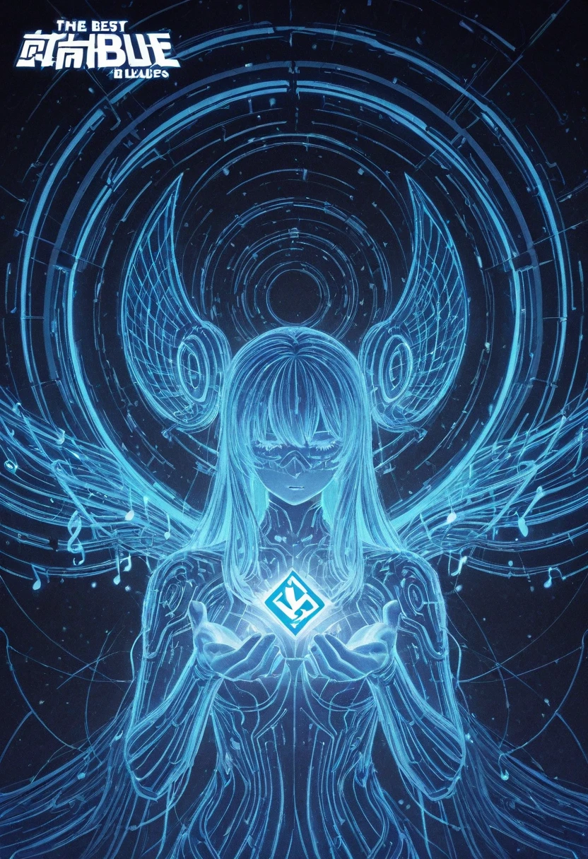 logo HD , the best quality, professional circular logo with electromagnetic waves and musical notes a girl in blue neon, containing blue tones and the words Kadryblue