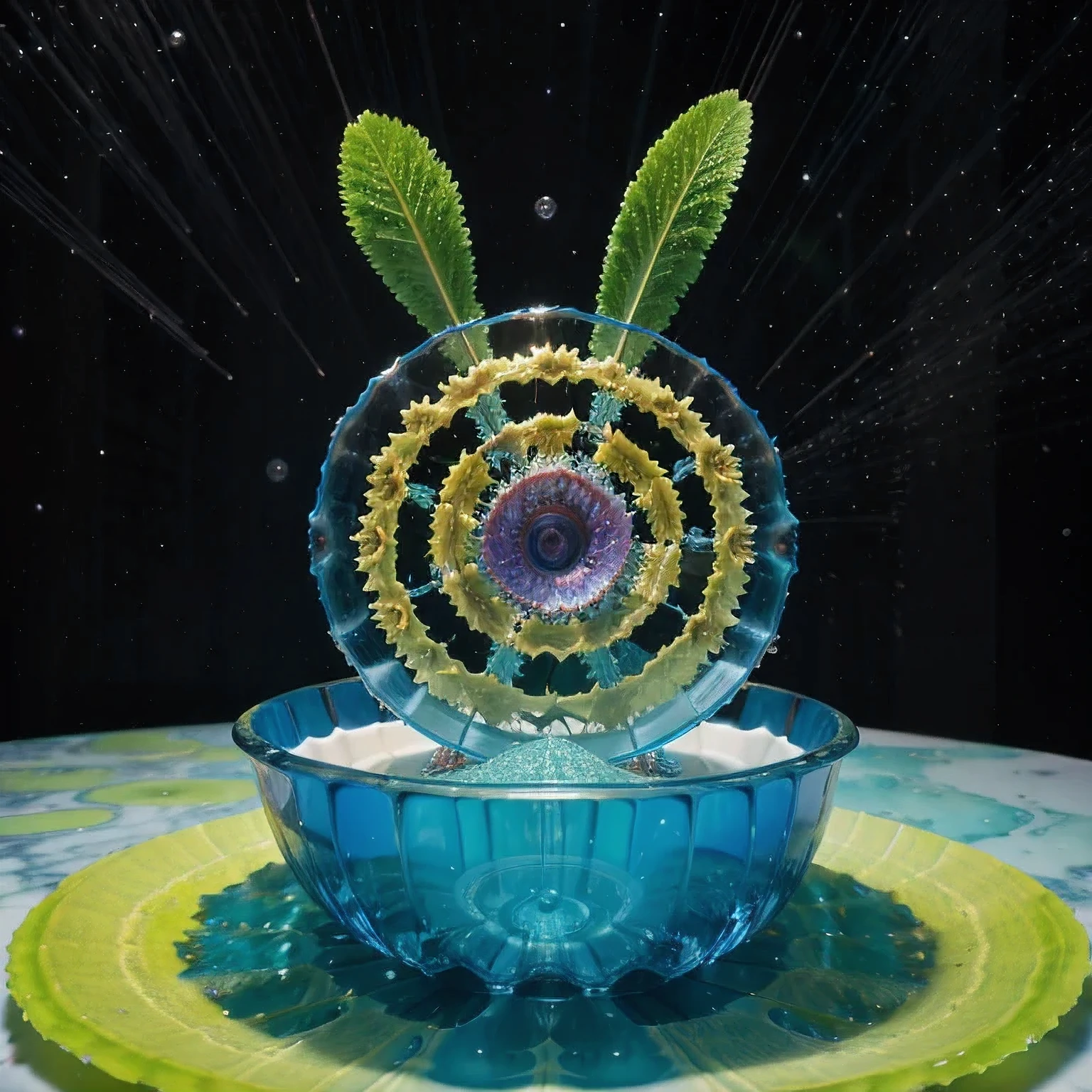 Seabed ice sheet background,detailed armor, ornate headdress, samurai helmet(((Dynamic rotating concentric circles)))(Dynamic rotation of concentric circles)Mandala is the result of the long journey of creating concentric circles of liquid color, there is a glass bowl with a green and purple swirl inside, simulacrum of a space fungus, alien flower, distant nebula are glowing algae, inspired by Otto Piene, inspired by Earnst Haeckel, top down extraterrestial view, covered with ferrofluid. dslr, translucent algae ornate, the eye of the universe, anatomical fractal,which interact through transparency, refraction, reflection, and collision. The ultimate goal is to showcase unique, detailed, and aesthetically pleasing images that capture the audience's attention through their initial visual impact and stunning details in liquid interactions,there is a cake with a red and yellow center on a blue plate, inspired by Otto Piene, victor antonov, culinary art photography, inspired by Graham Sutherland, colorful ferrofluid armor, inspired by Anish Kapoor, alexandra fomina, david kassan, by Jan Rustem, rudolf is hired, sergey krasovskiy, kai vermehr