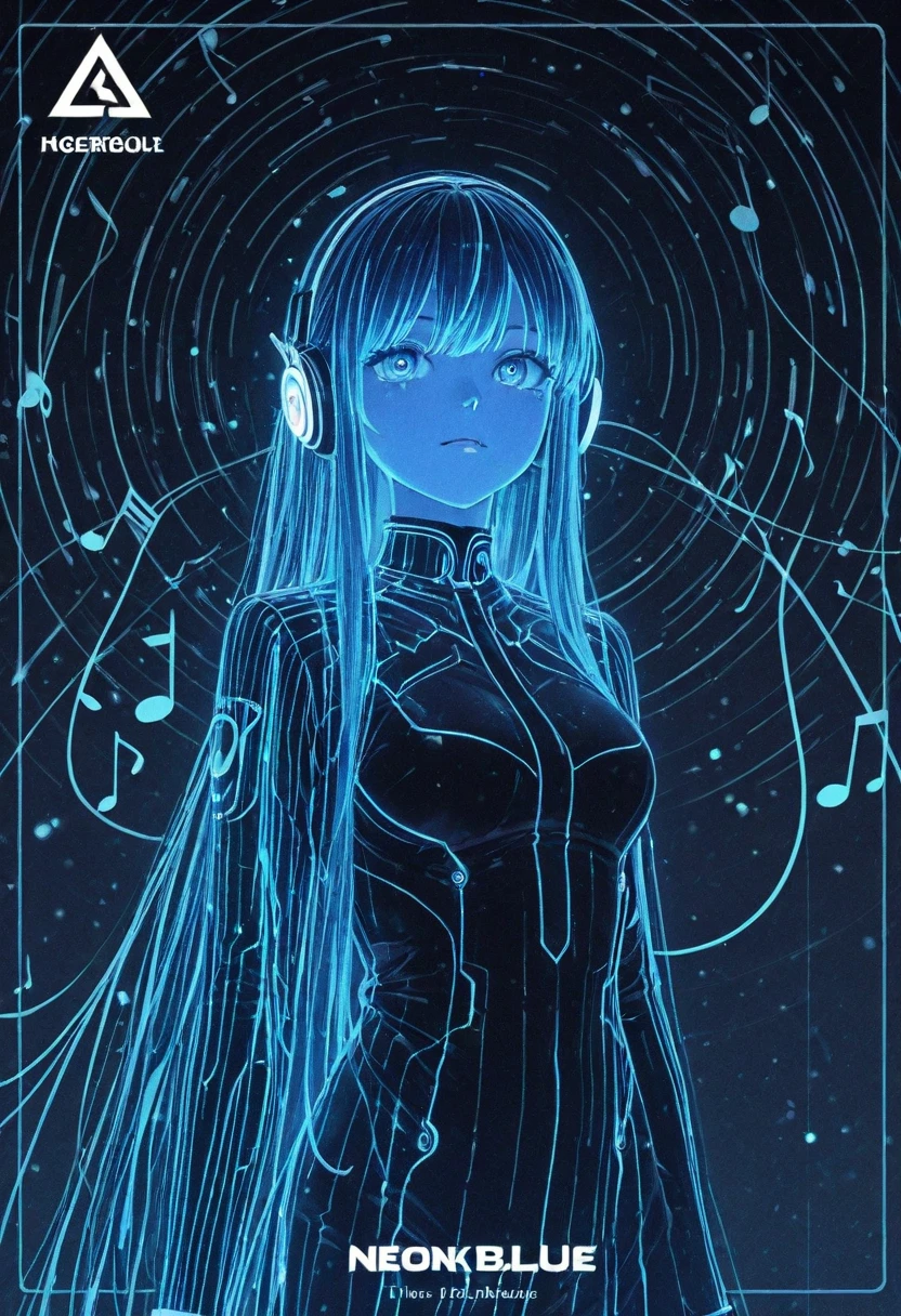 logo HD , the best quality, professional circular logo with electromagnetic waves and musical notes a girl in blue neon, containing blue tones and the words Kadryblue