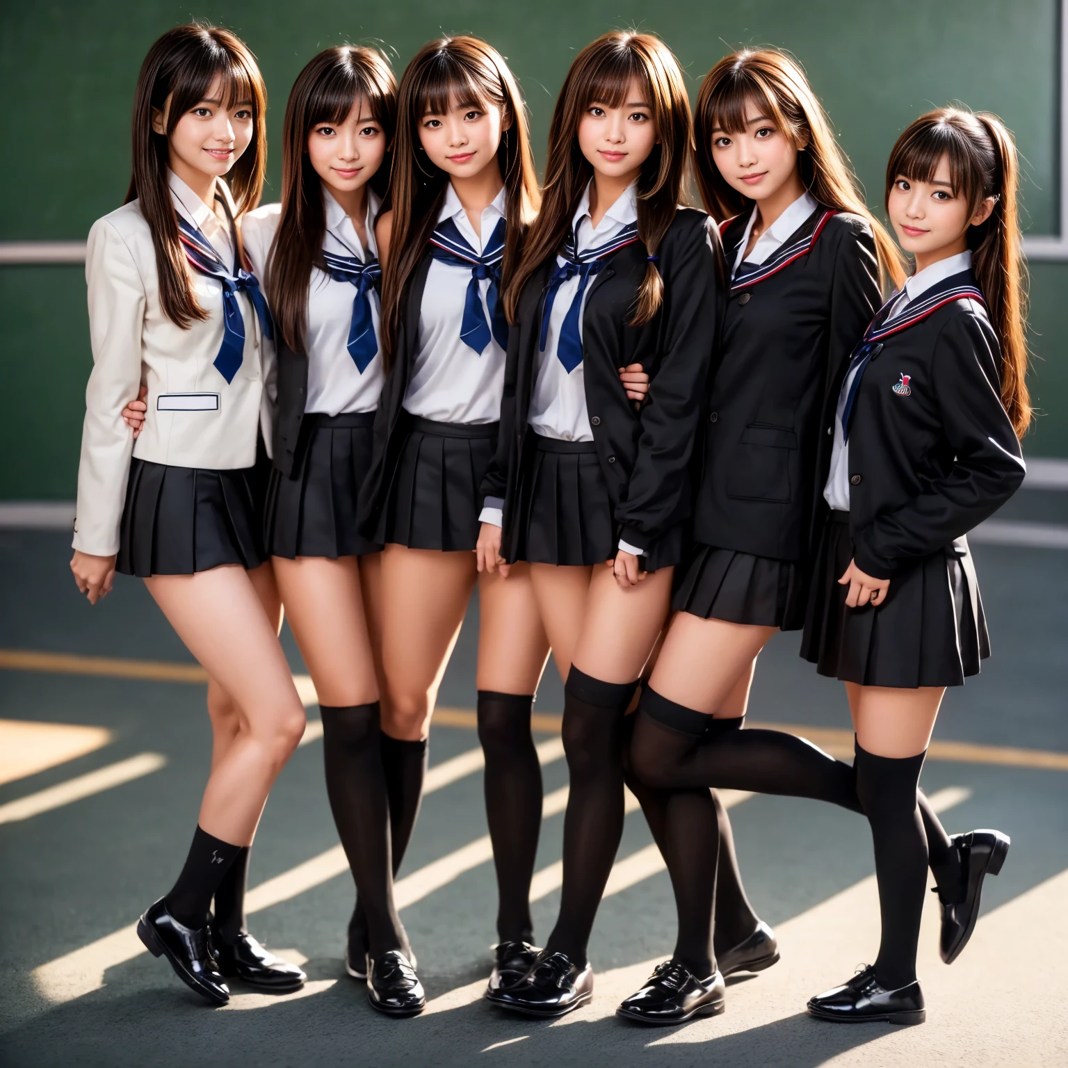 a poster of a movie, ((6 girls)), wear sexy school uniform, lying on the bed, different poses, mischievous look