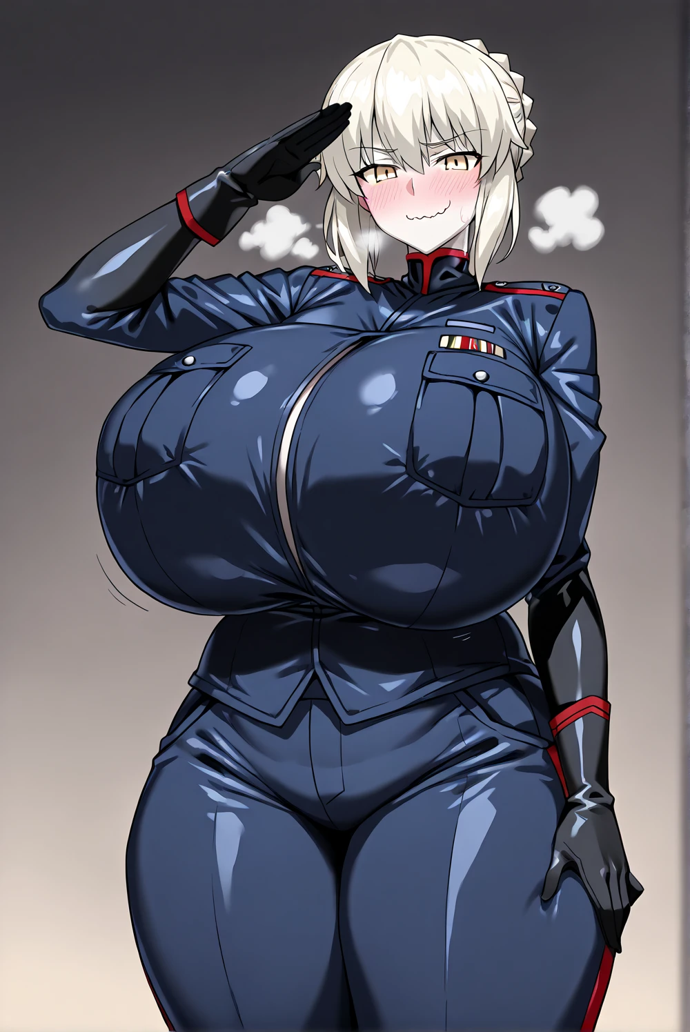 Hellsing Ultimate, Seras Victoria, 1girl, ((bimbo))), spikey blond hair, Blue eyes, happy smile face, puffy lips, thick lips, wide hips, thick thighs, enormous round breast, huge ass, oily shiny skin, breasts squeezed together, blue police uniform, posing, night time