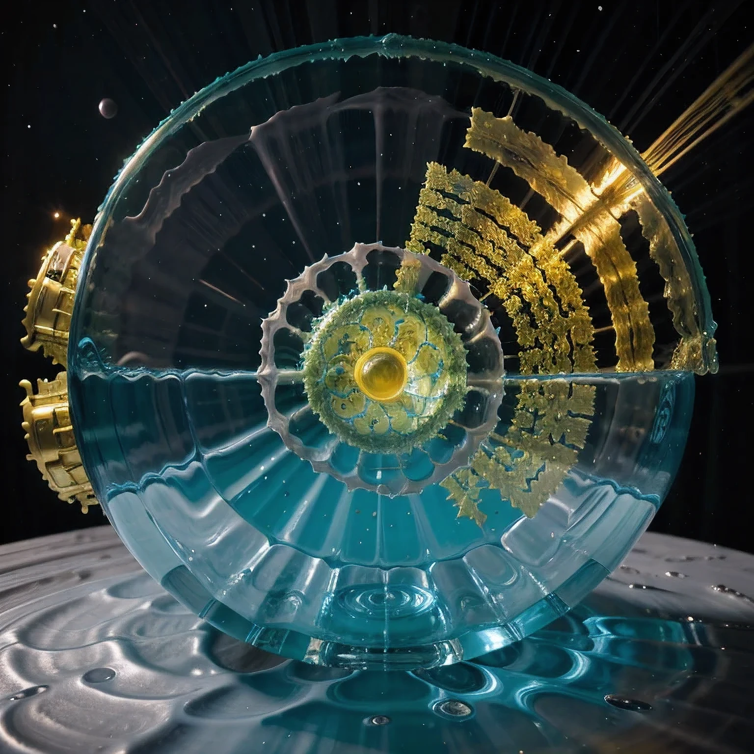 Seabed ice sheet background,detailed armor, ornate headdress, samurai helmet(((Dynamic rotating concentric circles)))(Dynamic rotation of concentric circles)Mandala is the result of the long journey of creating concentric circles of liquid color, there is a glass bowl with a green and purple swirl inside, simulacrum of a space fungus, alien flower, distant nebula are glowing algae, inspired by Otto Piene, inspired by Earnst Haeckel, top down extraterrestial view, covered with ferrofluid. dslr, translucent algae ornate, the eye of the universe, anatomical fractal,which interact through transparency, refraction, reflection, and collision. The ultimate goal is to showcase unique, detailed, and aesthetically pleasing images that capture the audience's attention through their initial visual impact and stunning details in liquid interactions,there is a cake with a red and yellow center on a blue plate, inspired by Otto Piene, victor antonov, culinary art photography, inspired by Graham Sutherland, colorful ferrofluid armor, inspired by Anish Kapoor, alexandra fomina, david kassan, by Jan Rustem, rudolf is hired, sergey krasovskiy, kai vermehr