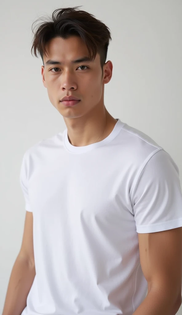 A handsome, muscular young Asian man looks at the camera. In a simple t-shirt white and red , Fieldside, grass, beach, sunlight, Carrying a camera