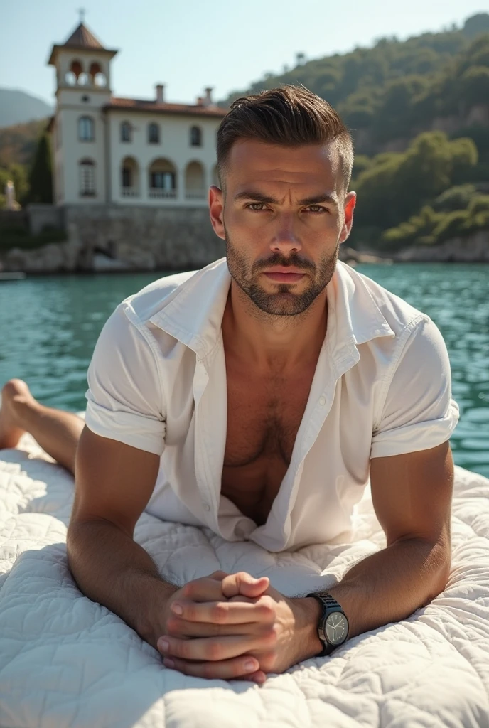 Sexy muscular man on the beach in white thongs with no beard and grey hair
