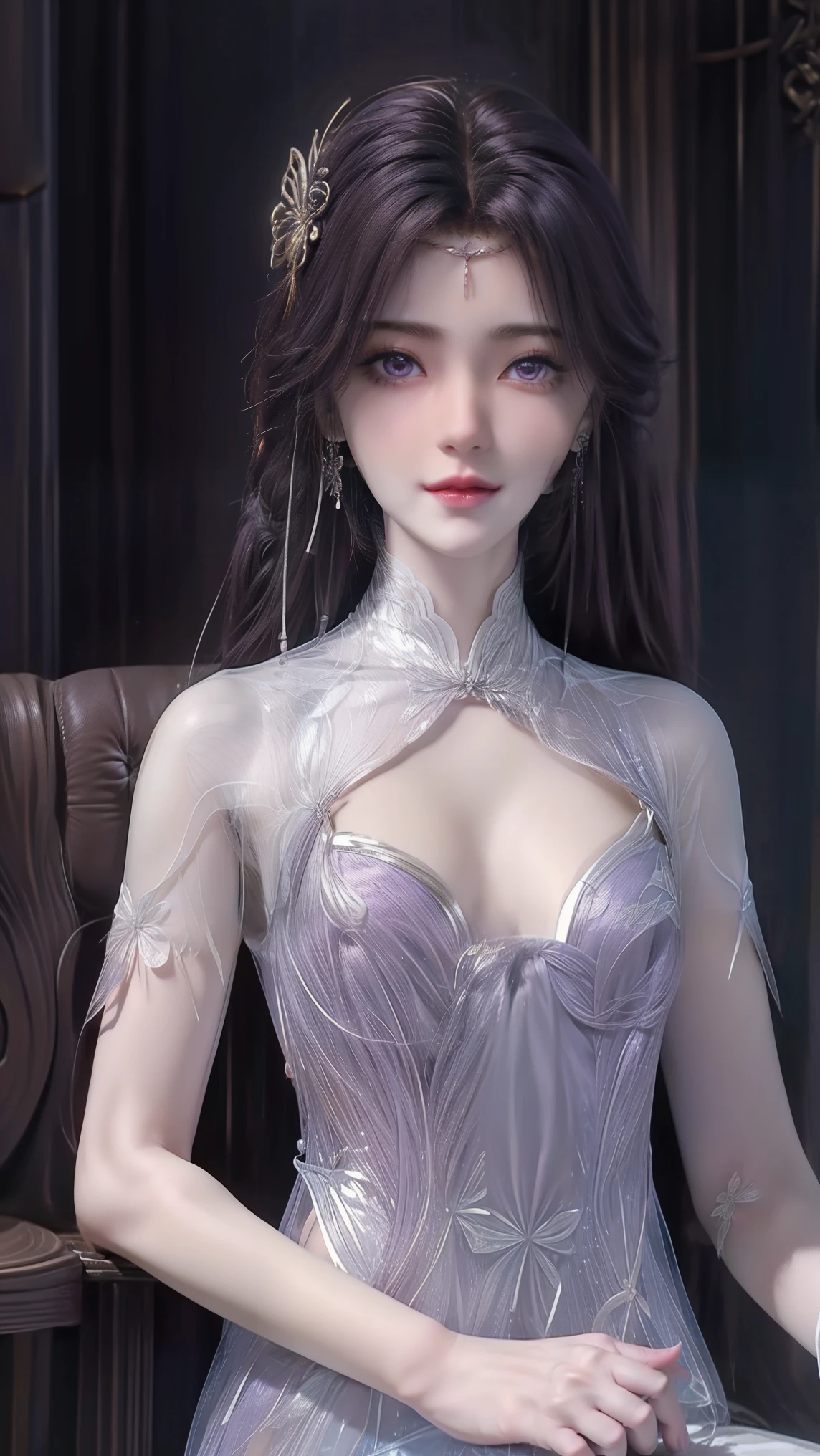 A lady with extraordinary temperament, she stands in a modern indoor space, as if she is a model from a fashion magazine. She is wearing a (pure white long fur cape), the softness and luster of which makes her look more noble under the light, and complements her (beige dress) underneath, showing her gentle temperament while maintaining a sense of fashion. The style of the dress is simple and generous, a perfect match, and it lengthens her figure, making her tall and charming. The lady's makeup is delicate and elegant, which just highlights her facial features and makes people unforgettable at first sight. Although the earrings and necklace she wears are not ostentatious, they add a bit of sophistication and nobility to her overall look. Her hair is casually draped over her shoulders, and every strand of hair exudes a natural luster,, (best quality,8k,highres,masterpiece:1.2),ultra-detailed,(realistic,photorealistic,photo-realistic:1.37),studio lighting,ultra-fine painting,sharp focus,physically-based rendering,extreme detail description,professional,vivid colors