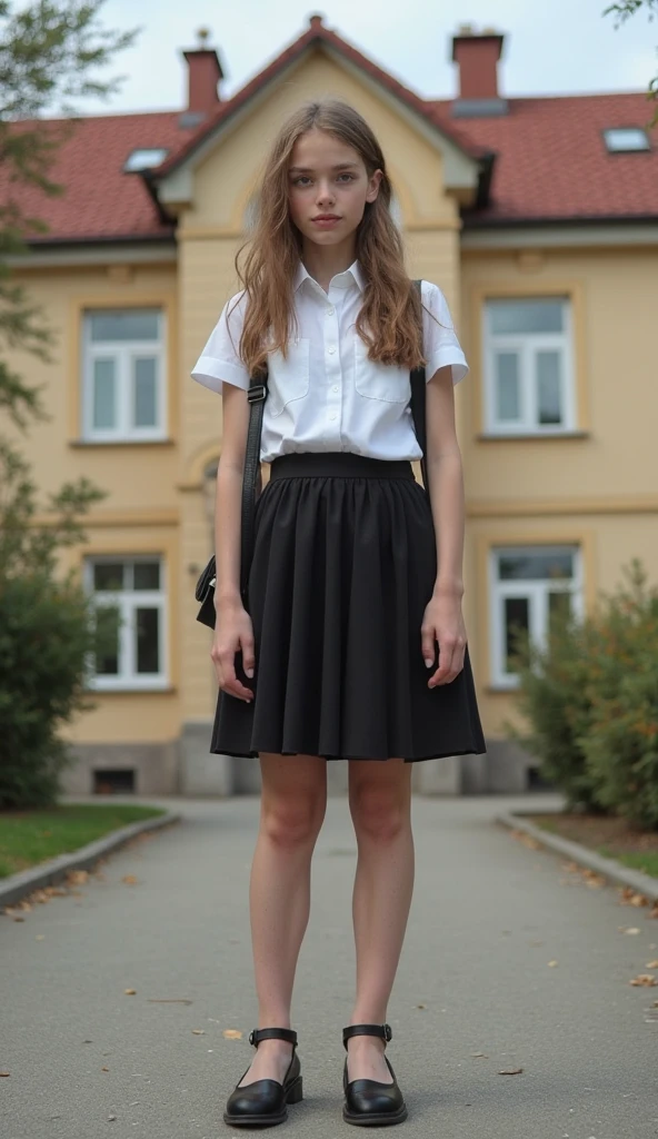 1Girl 16 years old, Lange Haare, Klein , blonde Haare, Augen, Schmuck, full whole body, Braun gebrannt, realistisch, High Quality, school skirt, sneaker, wide hips