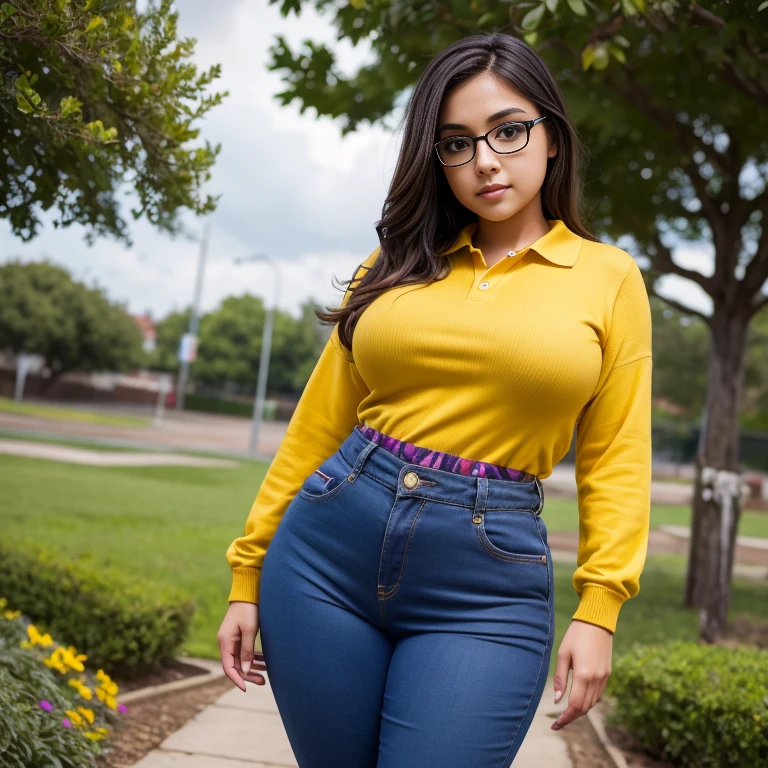 beautiful detailed, cute face, short, mexican teen, slightly chubby, medium black hair, black hair over one eye, glasses, long sleeve T-shirt, long pants, pearshaped wide hips, thick thighs, solo, voluptuous breasts,