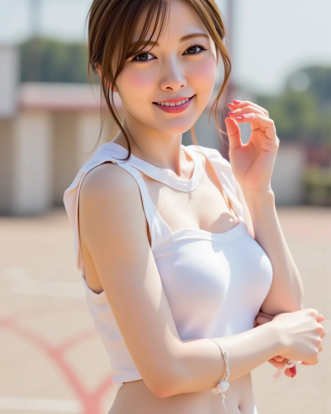 (masterpiece:1.3), (8K, Photorealistic, Raw photo, Best image quality: 1.4), Japanese schoolgirl、(Random Hairstyles:1.2)、Cleavage:1.2、Super detailed face、Attention to detail、double eyelid、Put your chest together、Sharp focus:1.2、Beautiful woman:1.4、Light brown hair、Highest quality、masterpiece、Ultra-high resolution、(Photorealistic:1.4)、Highly detailed and professionally lit smile、White camisole、Shoulder out、thin、Serious expression、Short-haired、Deadly position、Torn shorts、{(Showing the whole body from head to knees)}