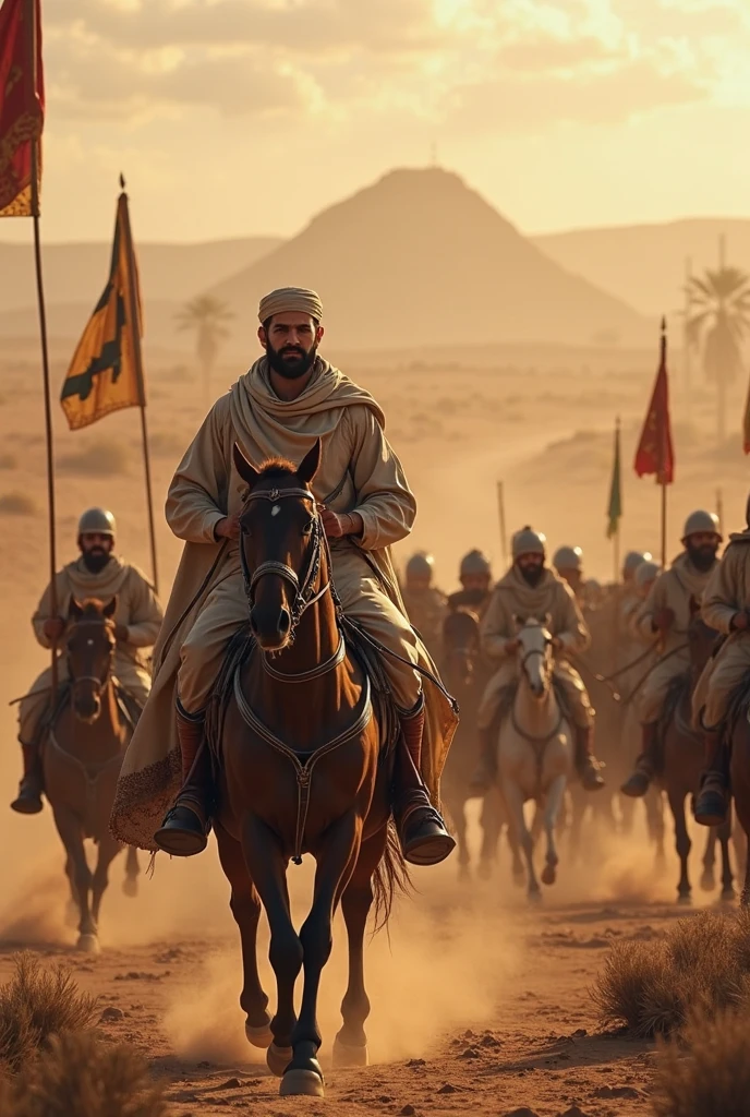 A men wear green hijab sitting camel,
both hand are tied by iron rope in back side,
Neck are tied by iron rope,
Burning tents,
Burning date tress,
8 men wear red battle suit with sword,
No modern weopan,weaopan around bc,
Bloody sky