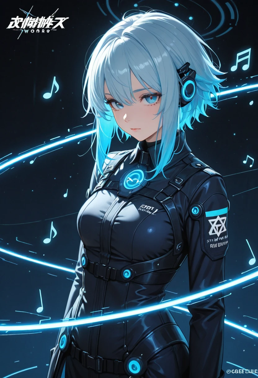 logo HD , the best quality, professional circular logo with electromagnetic waves and musical notes a girl with short blue neon hair, containing blue tones and the words Kadryblue