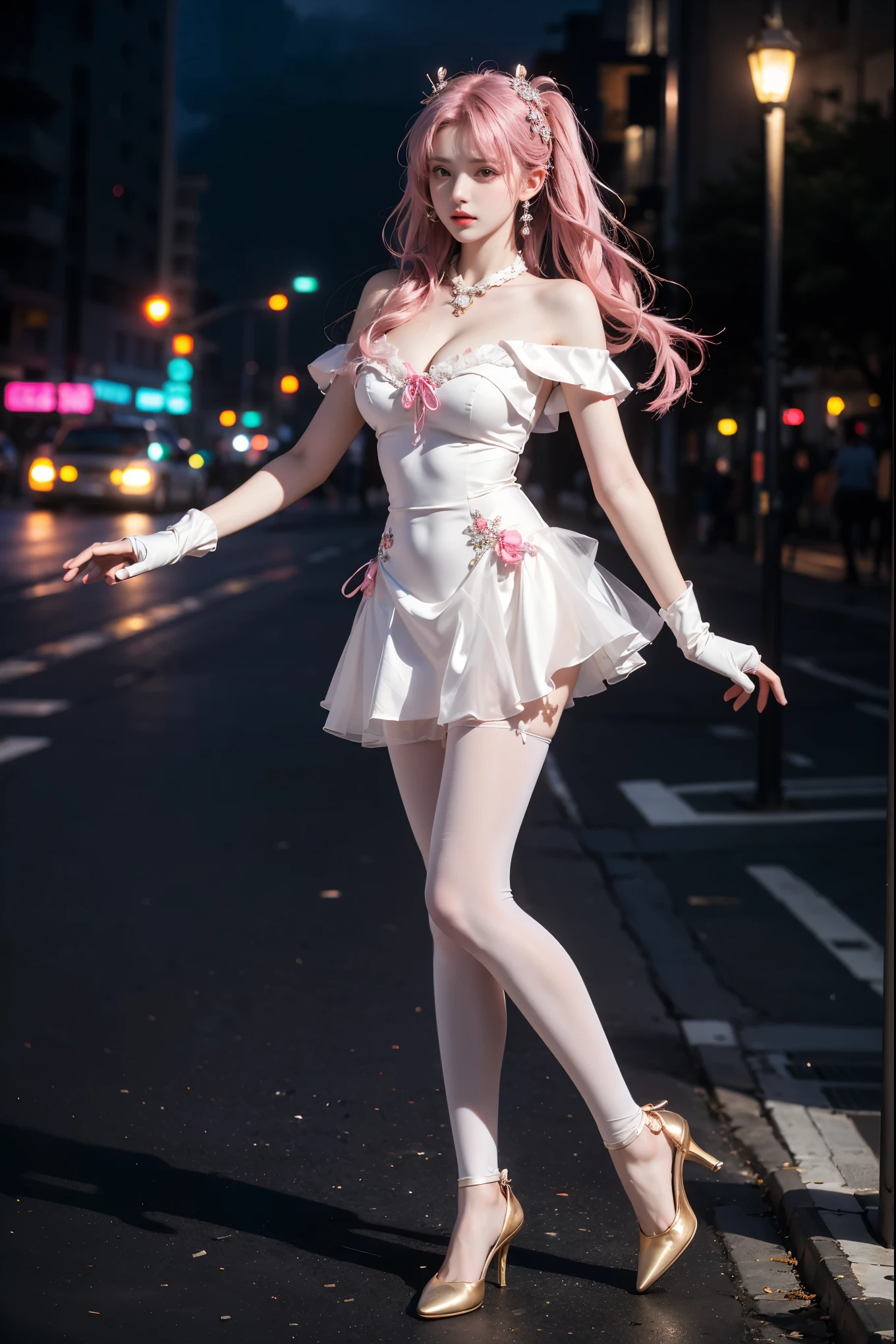 offcial art, Unity 8k wallpaper, Ultra detailed, Beautiful and aesthetic, Beautiful, Masterpiece, Best quality, 8K, Skin texture:1.4, tmasterpiece:1.4,Pose behind beauty,(Cyberpunk style Lolita costume in random colors),(Focus on the knee),The face is clear,