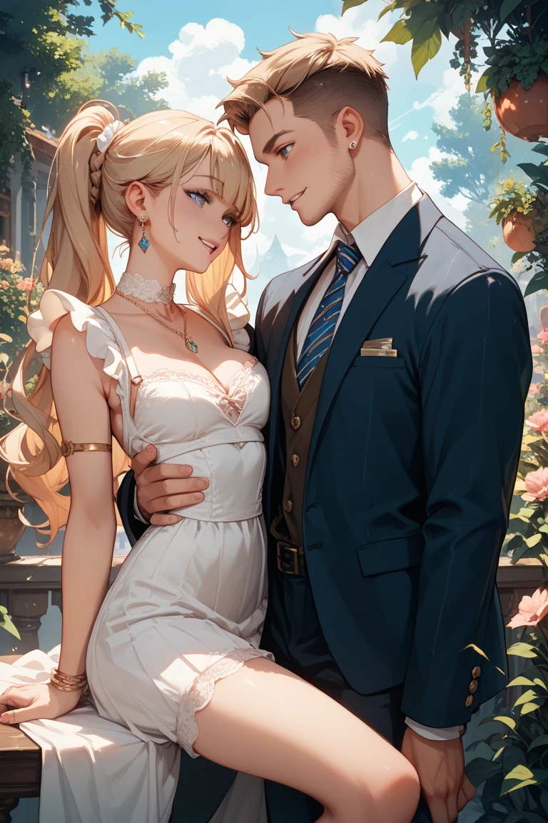An incredibly beautiful young femme fatale, golden-haired blonde with blue eyes, long golden hair gathered into a tall beautiful one, she is dressed in a long white antique dress with open shoulders, which perfectly fits her slender beautiful figure, emphasizes a thin waist and rounded hips, deep neckline, she had long gold earrings in her ears. She is sitting in a large beautiful gazebo, entwined with wisteria, next to her sits a stately, handsome, well-built young man, platinum blond, he is dressed in royal antique white clothes, he has tanned skin, he has long straight white hair. They are in love with each other, they look at each other with love. They are happy. Masterpiece, perfect image, realistic image, detailed elaboration, full-length image, 8k, detailed image. an extremely detailed illustration, a real masterpiece of the highest quality, with careful drawing.