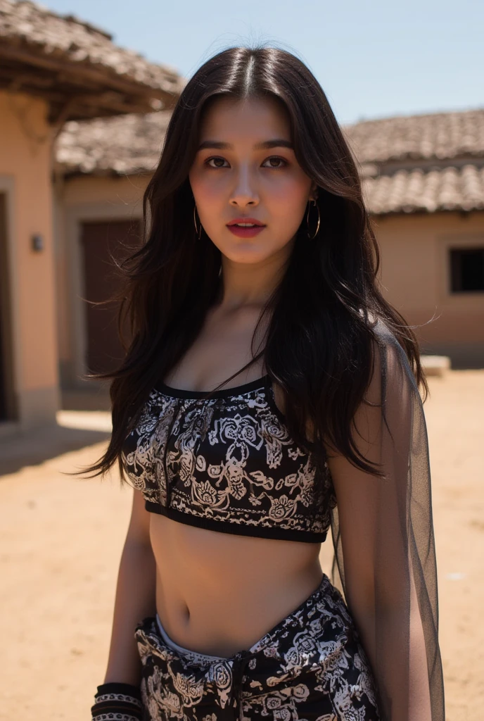 A stunningly realistic photo of a young Maya woman, gazing directly at the viewer with intense dark eyes. Her short, jet-black hair is styled in a sleek, close-up framing that accentuates her sharp features. She wears traditional Guatemalan clothing, an off-the-shoulder piece adorned with intricate details, against the backdrop of a majestic Maya pyramid under the starry night sky at midnight. The jungle foliage surrounding her adds to the lush atmosphere, with her tan skin and body illuminated by subtle moonlight.