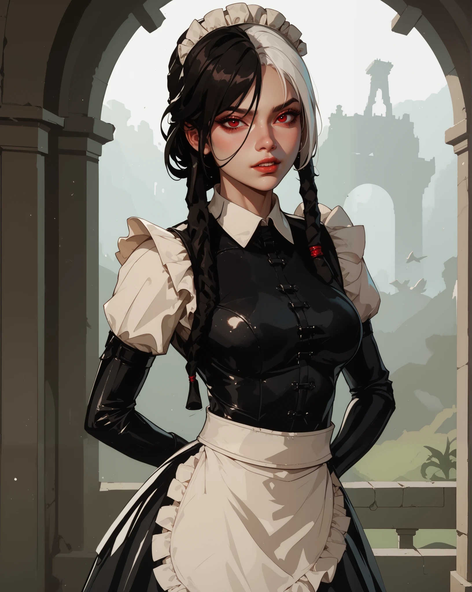 masterpiece, HD , great quality, very aesthetic, absurd,  high contrast ,  high color palette , light glare ,Latest ,2.5D,volumetric lighting, Sweet, jung,  1 girl, aztekisch, round face, slim lips, small breasts, red eyes,athletic body, aztekisch, white hair strands, looks at the viewer, Dreadlocks,  shy, smiles, Anime shark teeth,  background: jungles and Aztec ruins,